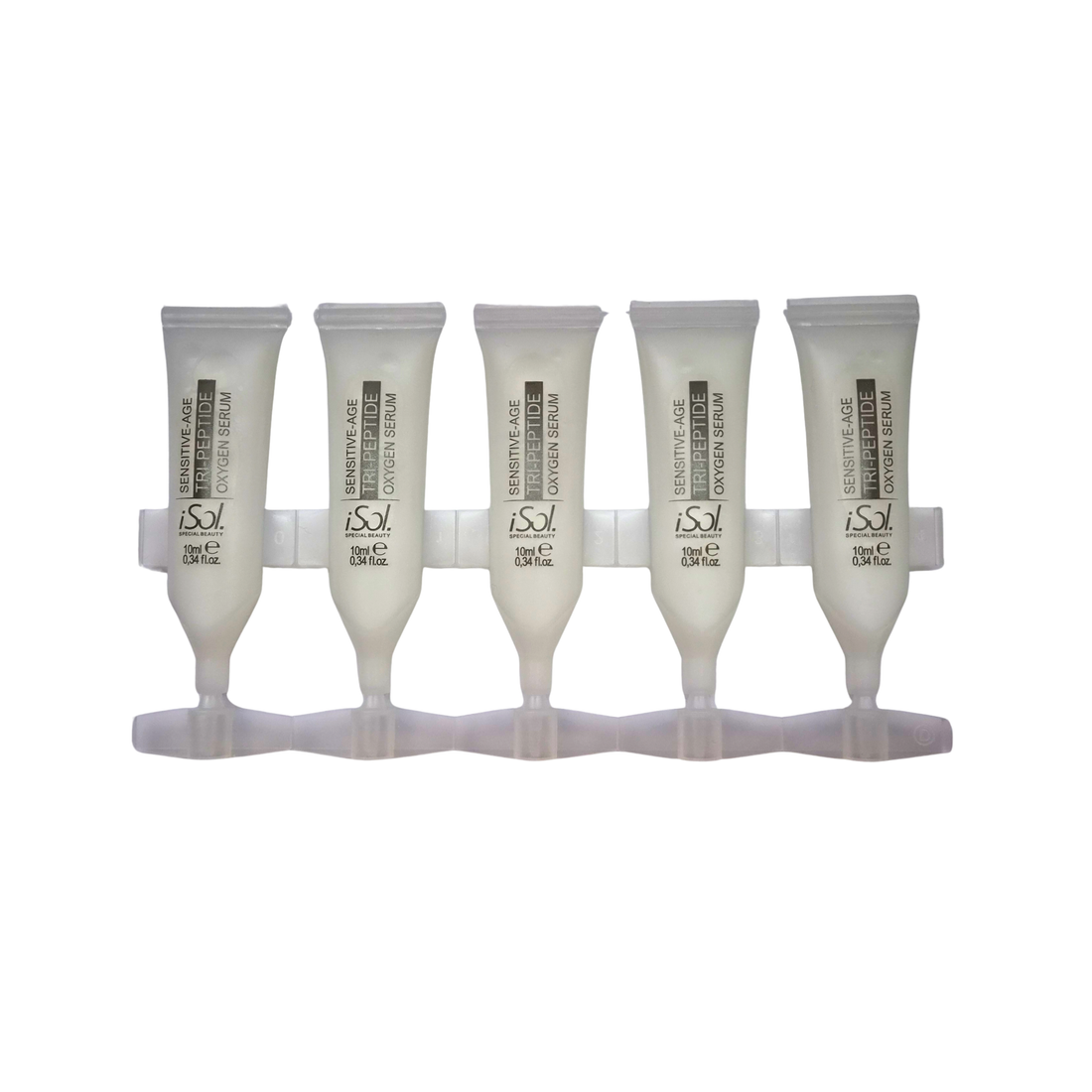 iSol.Beauty Sensitive Age Tri-Peptide Oxygen Serum applied on clean skin, showcasing the skin care product in a sleek bottle.