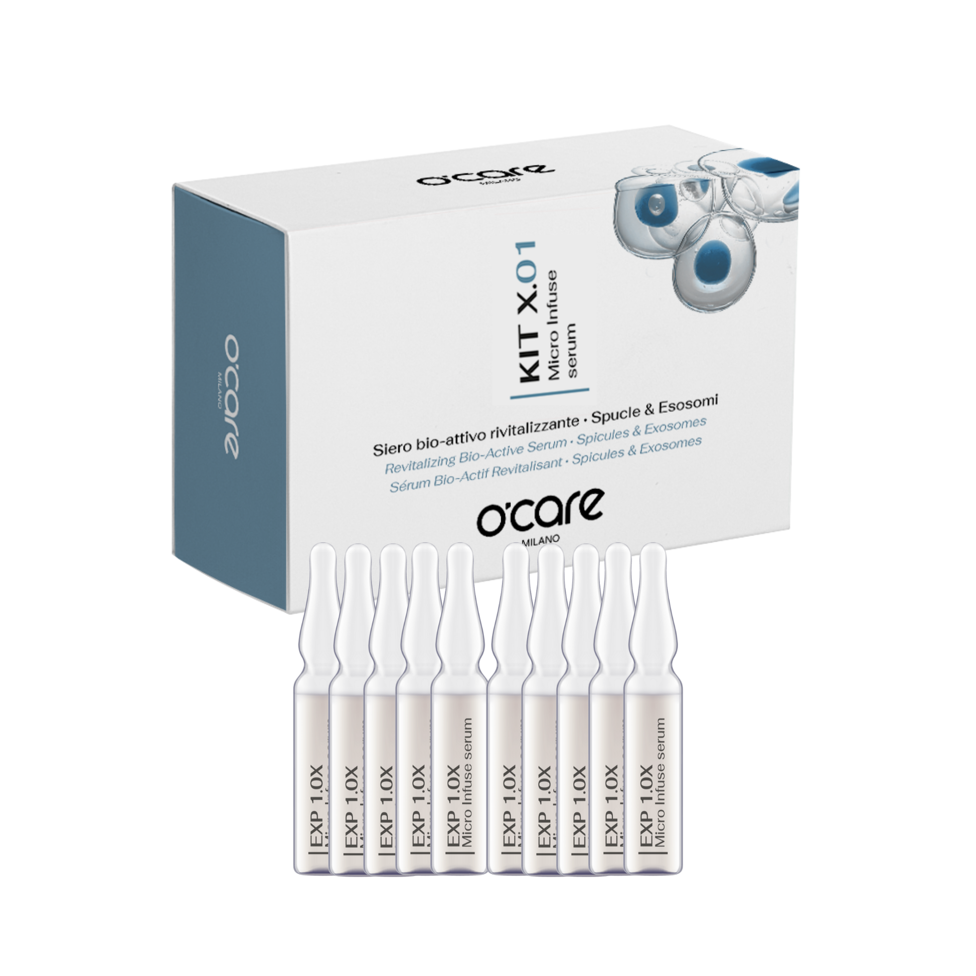 O'care skincare kit with ampoules and packaging on a white background
