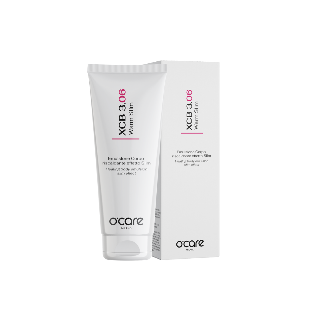 O'Care Warm Slim XCB 3.06 body lotion bottle with white and orange packaging, 200ml size.