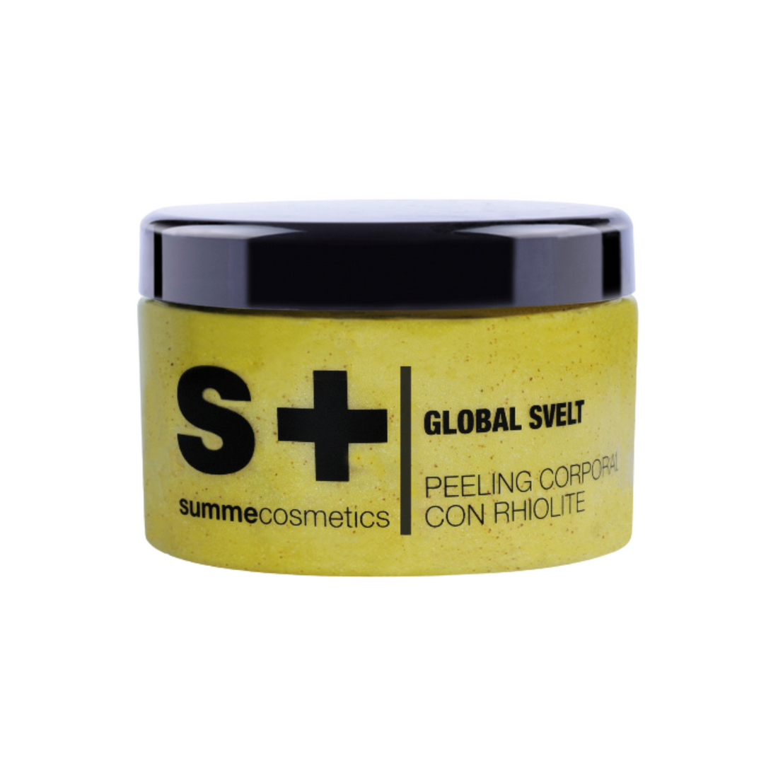 Yellow jar with black lid labeled 'S+ Global Svelt' on a white background