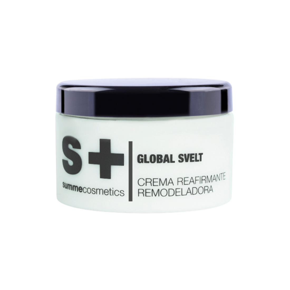 Cosmetic jar labeled 'S+ Global Svelt' on a white background