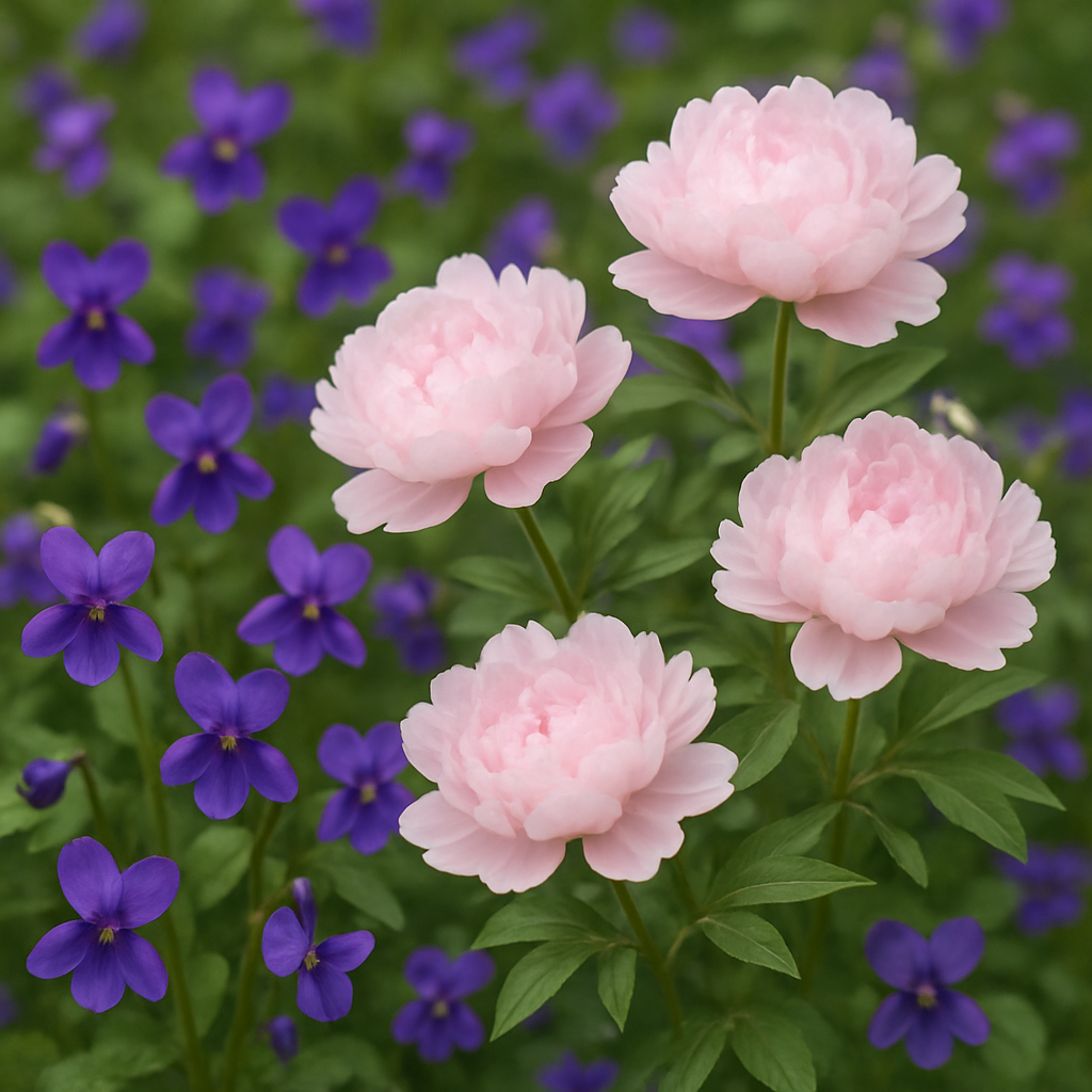 Pink peonies surrounded by purple Delicate Peony petals in a garden setting