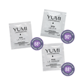 YUMI lashes and brow 3.0 products with ingredient percentage labels on a white background