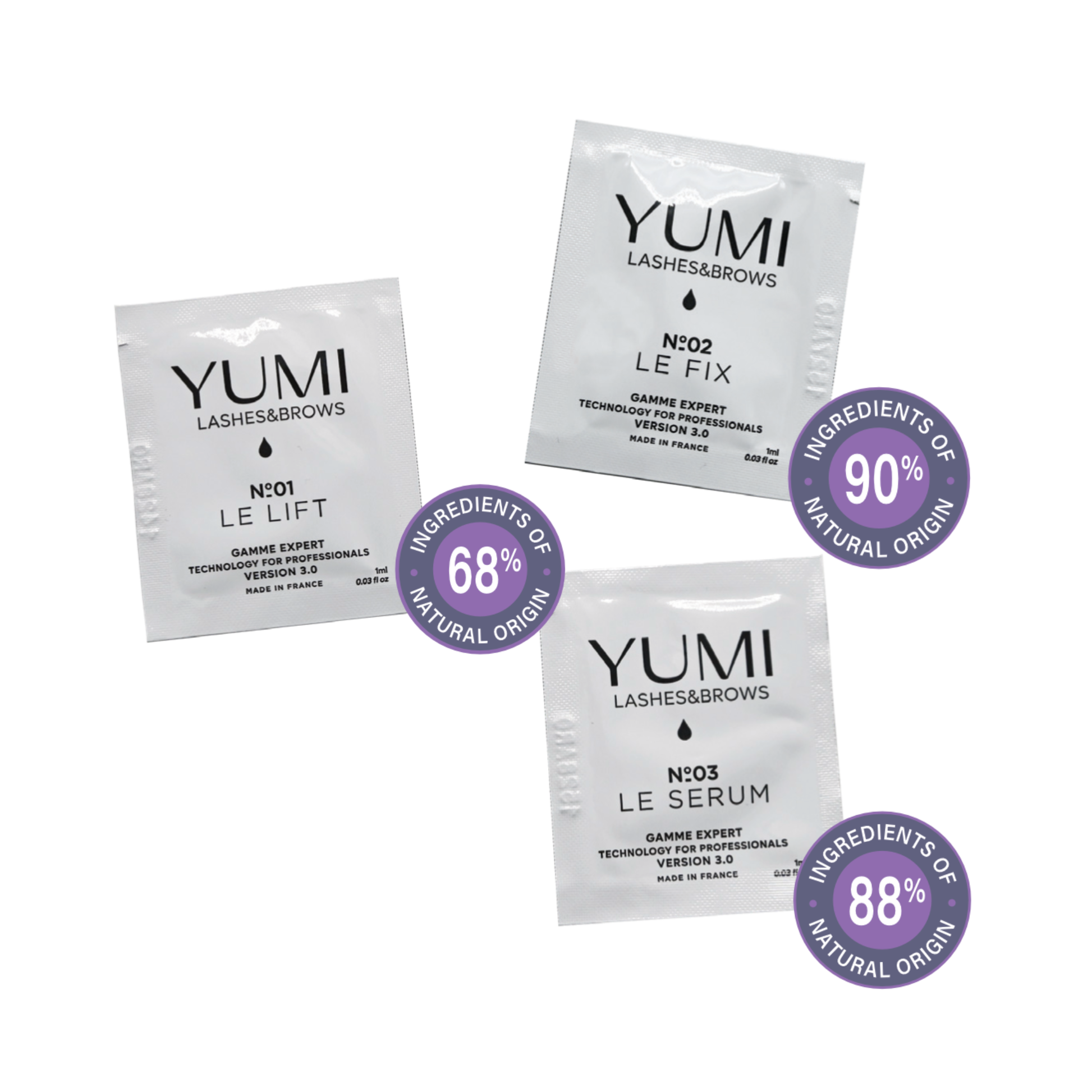 YUMI lashes and brow 3.0 products with ingredient percentage labels on a white background