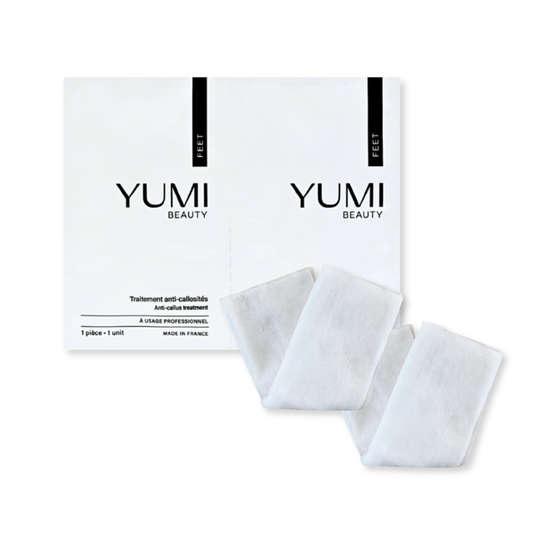Two white Yumi Beauty - Yumi Feet  anti-callus treatment sachets shown with two folded white cloth patches in front on a plain white background.