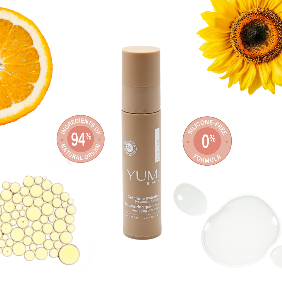 Yumi Skincare Moisturizing Gel-Cream in 50ml jar, lightweight lotion and moisturizer with anti-aging properties.