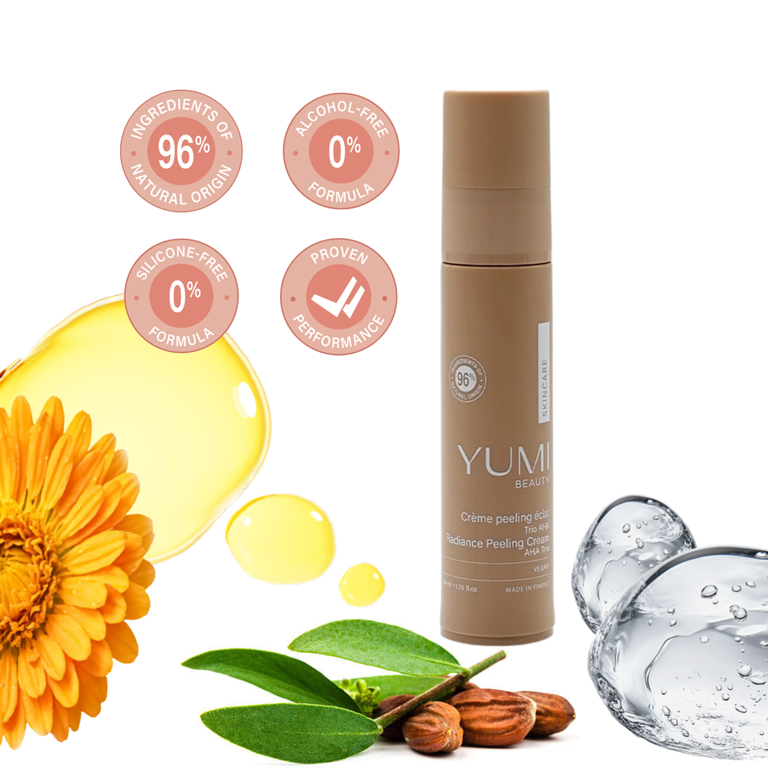 Yumi Skincare Radiance Peeling Cream AHA Trio in 50ml jar, showing the skincare mask with bright, smooth texture for glowing skin