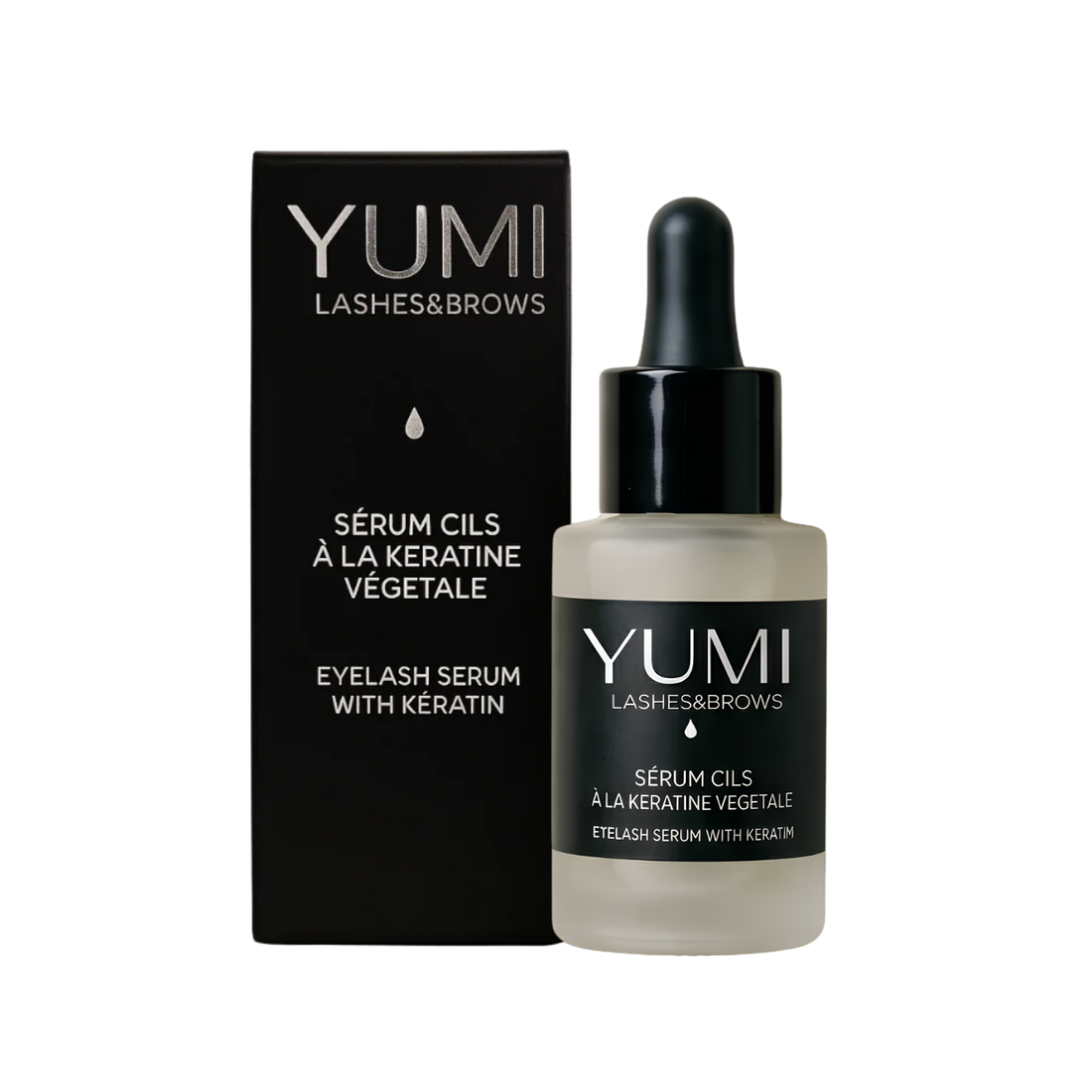 Yumi Lashes & Brow eyelash serum with keratin, showing the serum bottle with applicator brush and branding details.