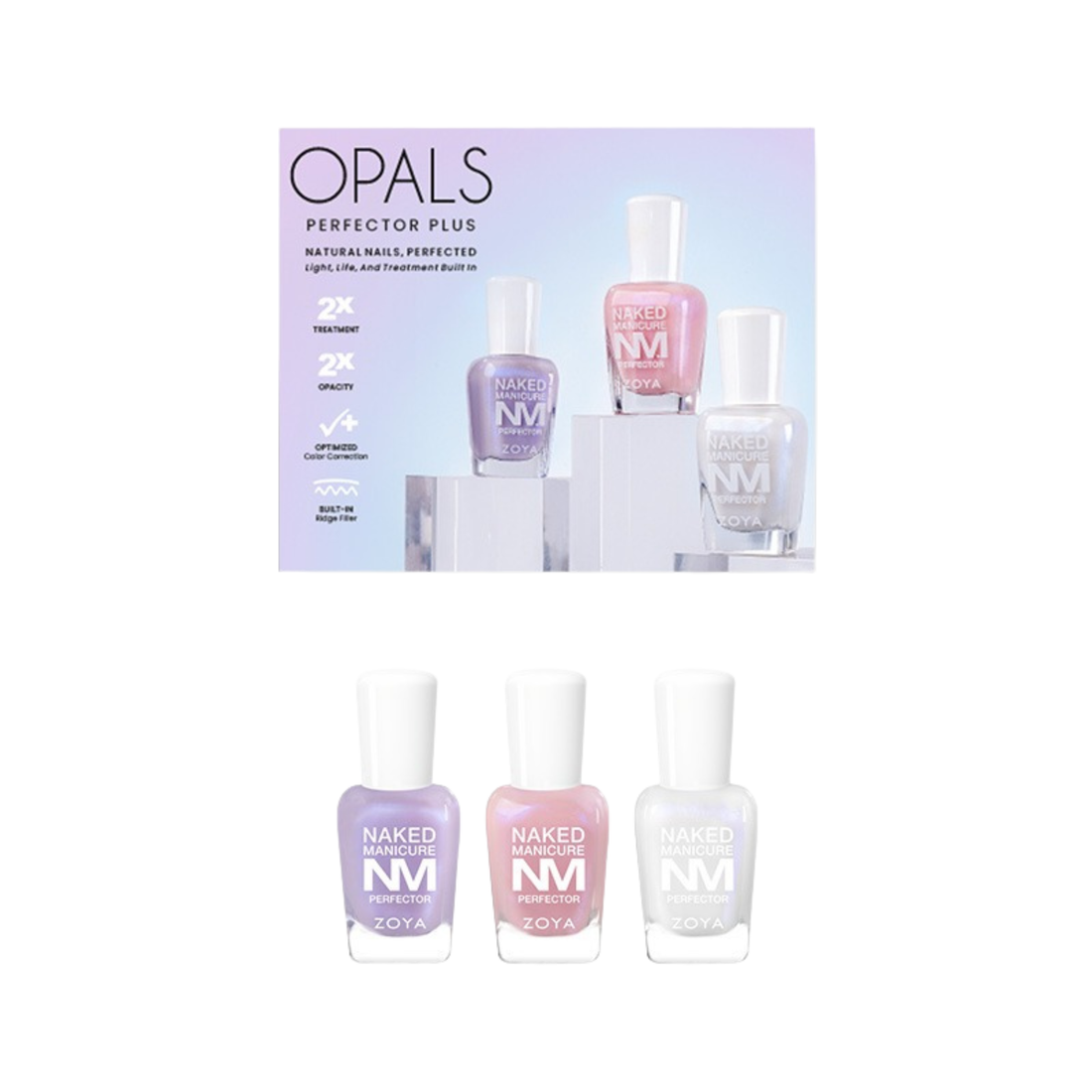 Zoya Naked Manicure Perfector Plus Opals Trio kit with three skincare products and applicators for a natural manicure look