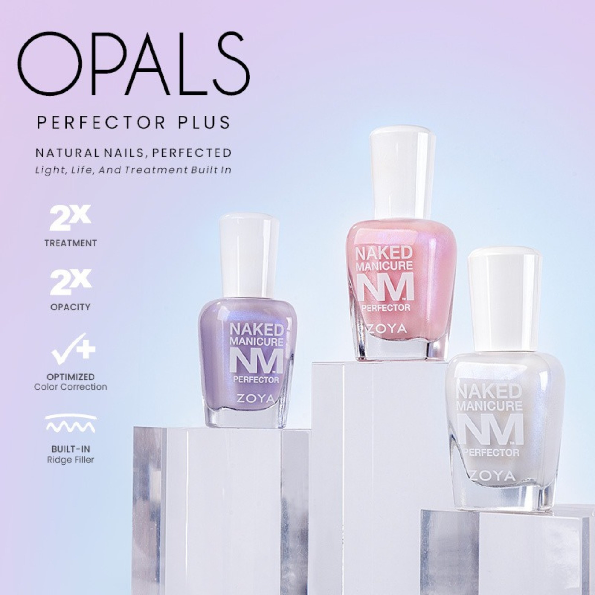 Zoya Naked Manicure Perfector Plus Opals Trio set with three nail care products and pastel-colored packaging.