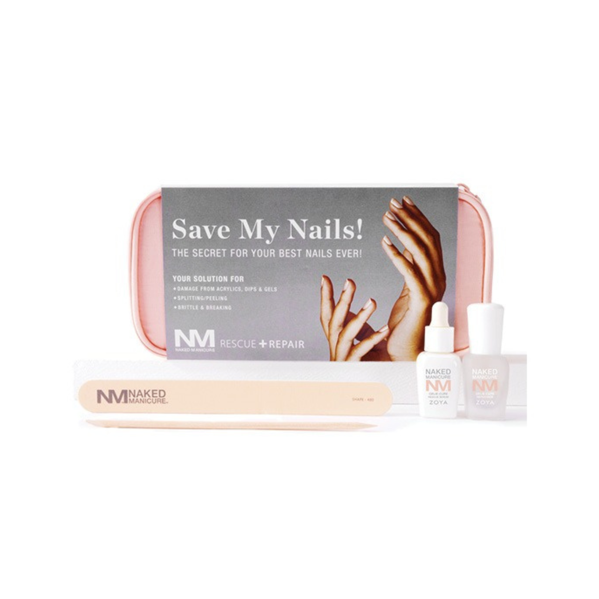Zoya Naked Manicure Rescue & Repair Kit with nail polishes and tools for nail care and repair, displayed in the image.