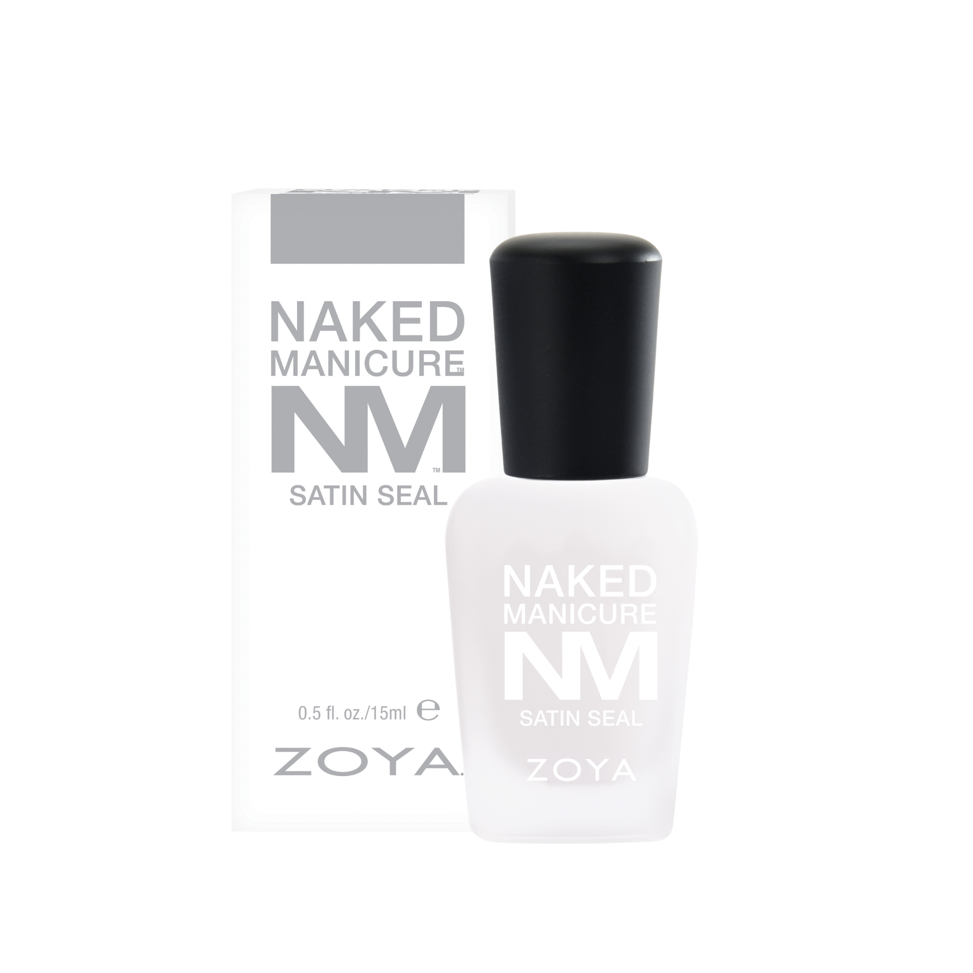 Zoya Naked Manicure Satin Seal in 15ml bottle, showing smooth satin finish nail top coat with Zoya branding on the bottle