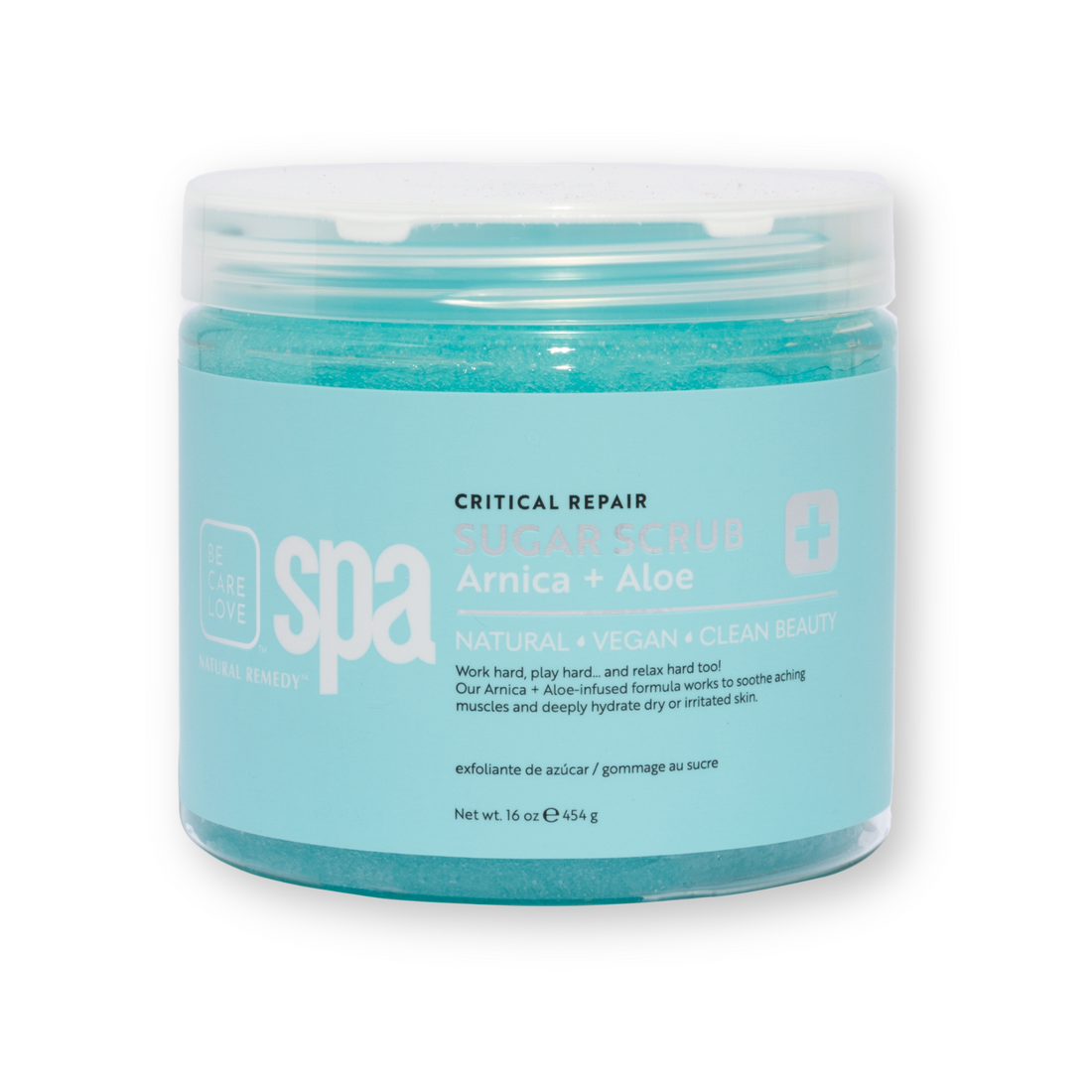 BCL SPA Critical Repair 2-Step Sugar Scrub for manicure and pedicure, featuring arnica and aloe in a large 473ml jar.