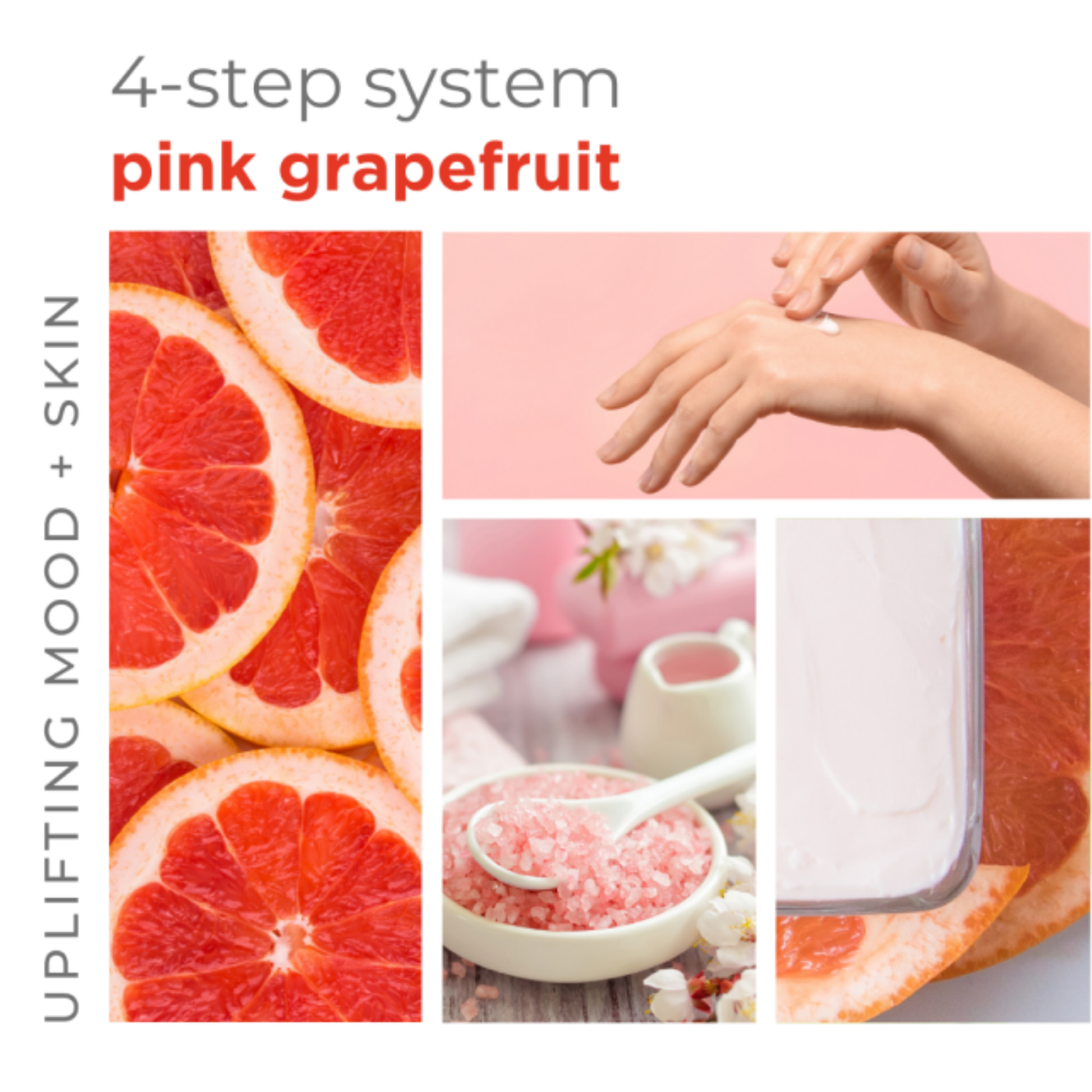BCL SPA Energizing Pink Grapefruit manicure and pedicure 4-step system with pink grapefruit ingredients and skincare products.