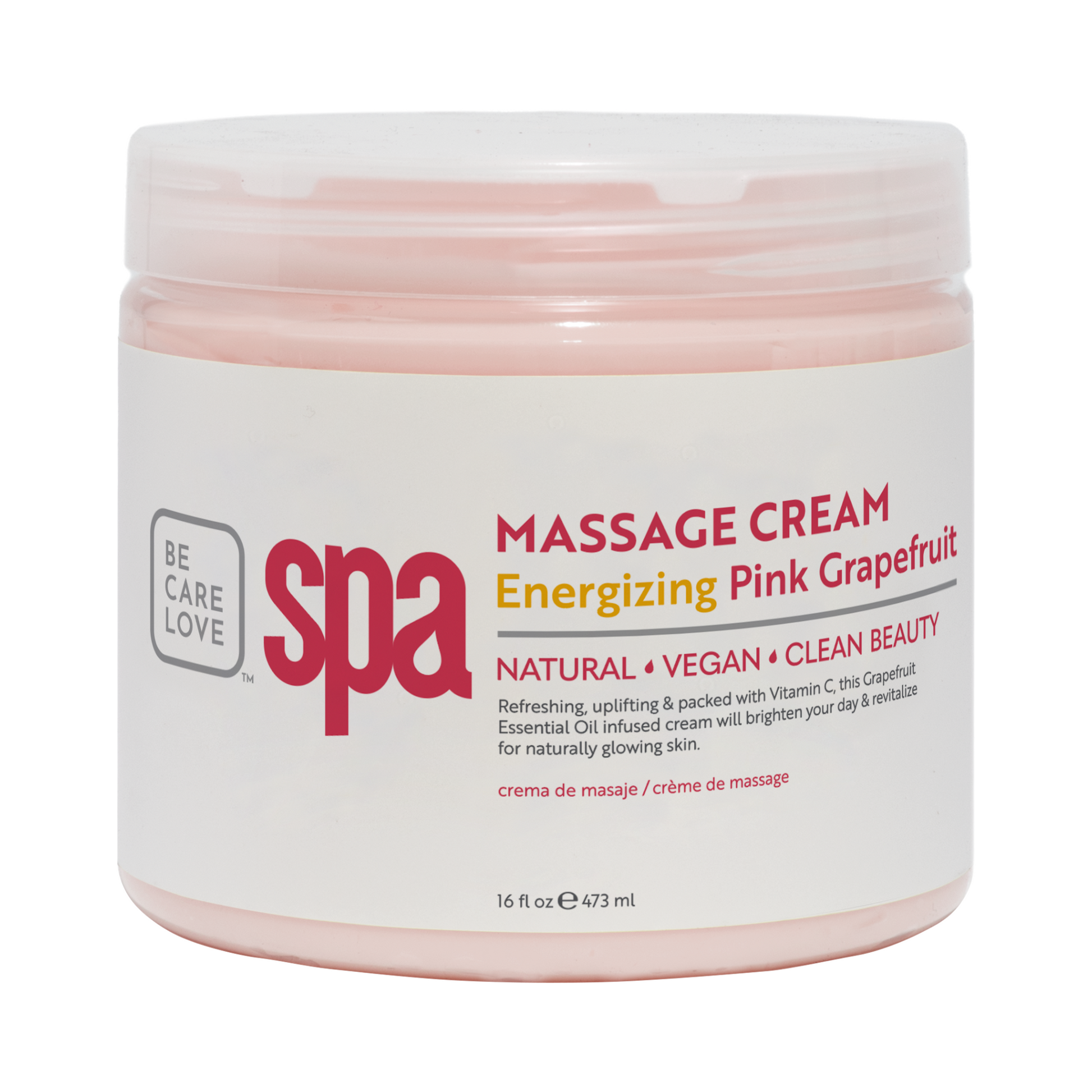 BCL SPA Energizing Pink Grapefruit Massage Cream for manicure and pedicure, smooth texture in a jar with pink grapefruit scent