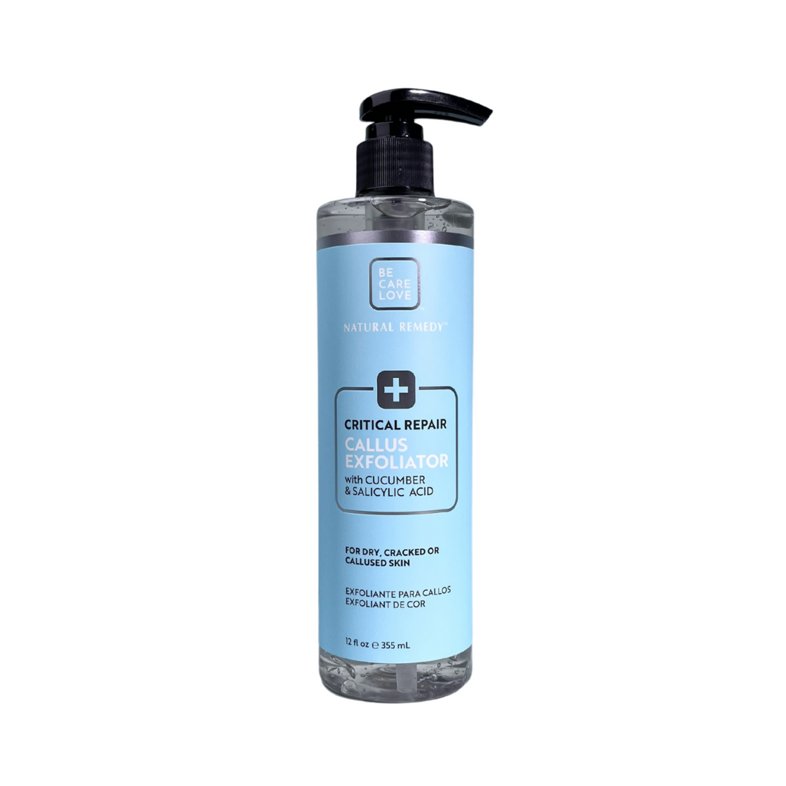 BCL SPA Critical Repair Callus Exfoliator for manicure and pedicure, in 355ml bottle with exfoliating texture visible.