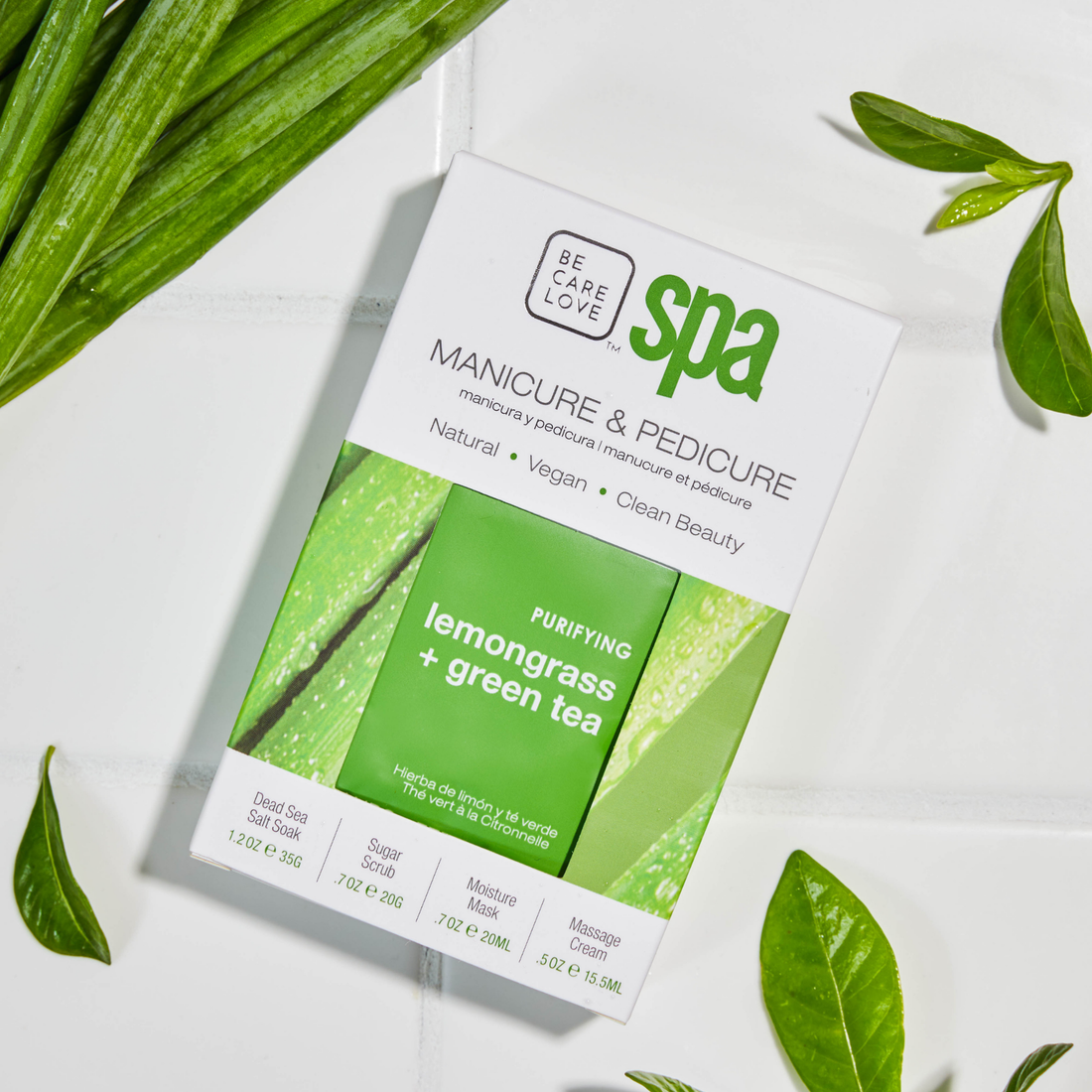 BCL SPA Purifying Lemongrass and Green Tea 4-step manicure and pedicure system in a packet box set.