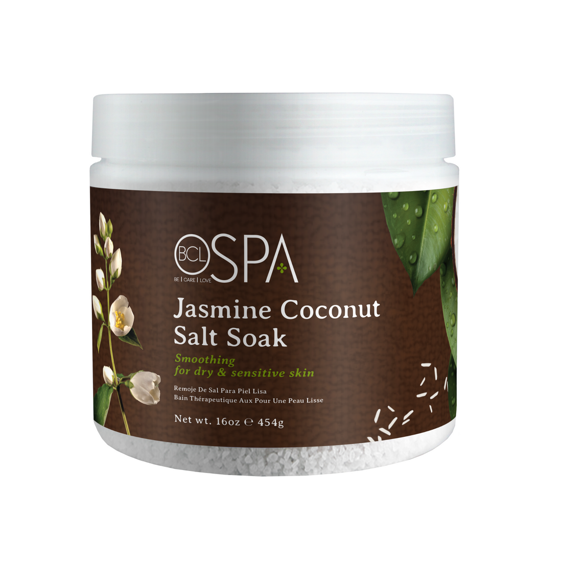 BCL SPA Jasmine and Coconut Dead Sea Salt Soak for manicure and pedicure, with soothing natural ingredients and a gentle smoothing formula.
