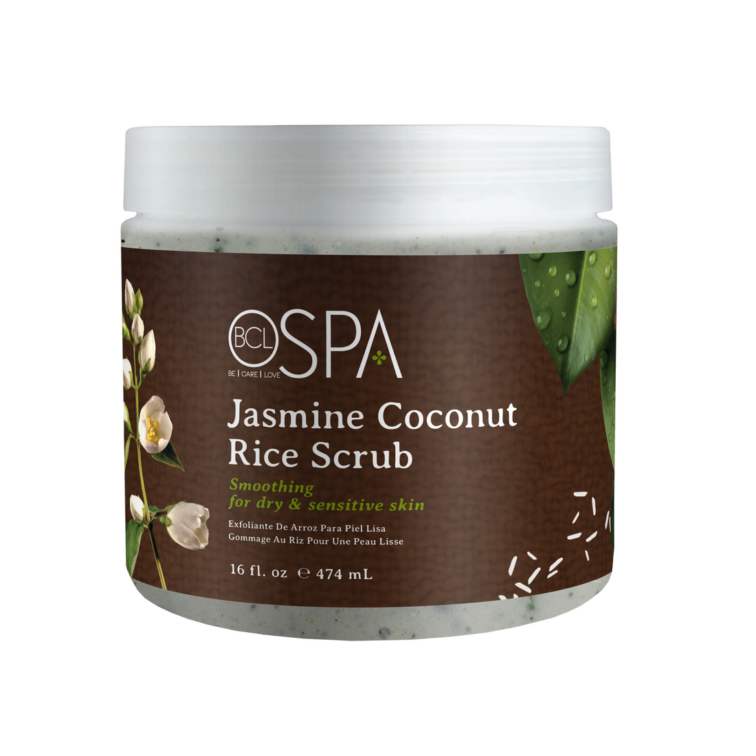 BCL SPA Jasmine and Coconut Sugar Scrub for smoothing manicure and pedicure treatments, featuring natural ingredients and a creamy texture.