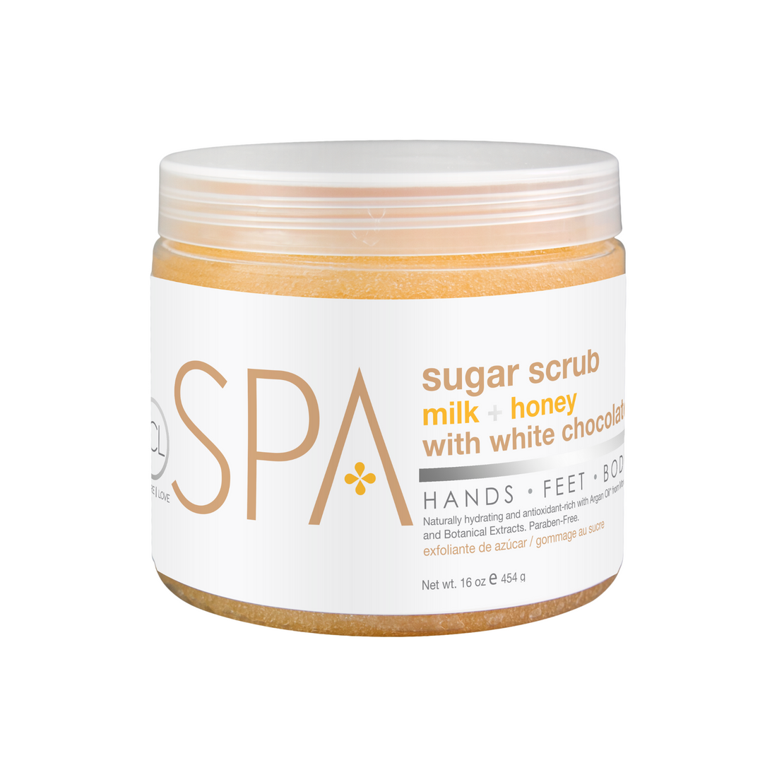 BCL SPA Ultra Moisturizing Milk and Honey with White Chocolate Sugar Scrub for manicure and pedicure treatments.