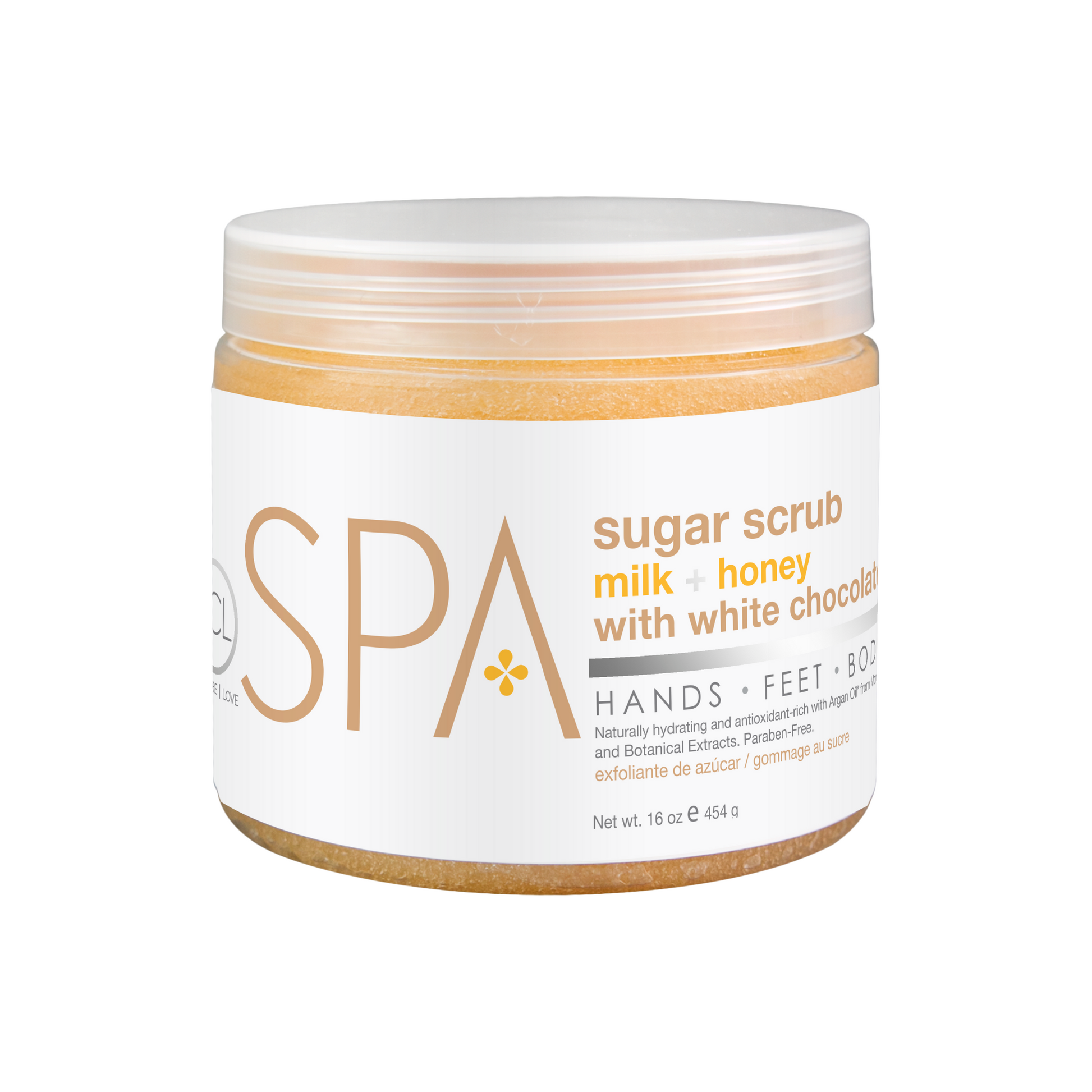 BCL SPA Ultra Moisturizing Milk and Honey with White Chocolate Sugar Scrub for manicure and pedicure treatments.