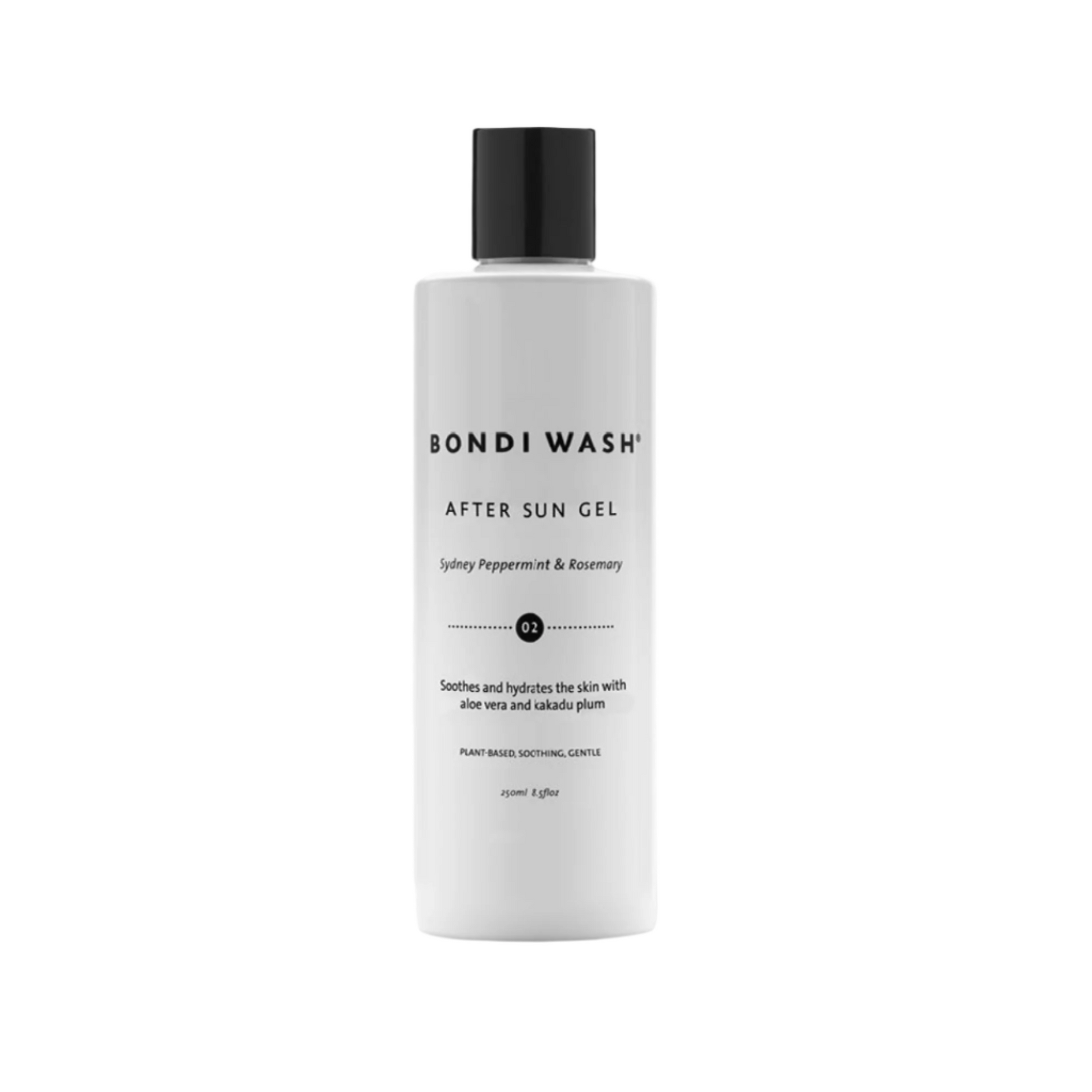 Bondi Wash After Sun body wash in a clear bottle with a green label, featuring natural ingredients and soothing after-sun formula.