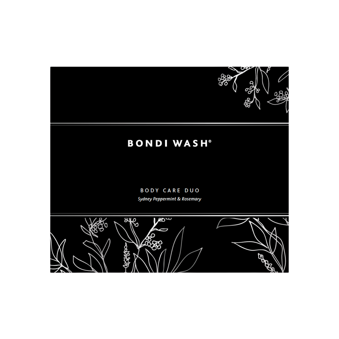 Bondi Wash Body Care Duo featuring natural body wash with peppermint and rosemary scents in sleek bottles.