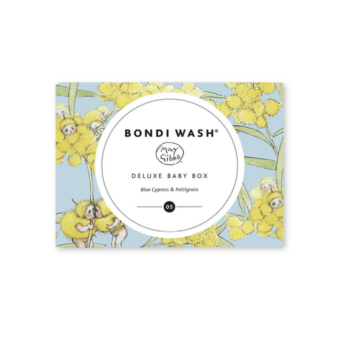Bondi Wash Deluxe Baby Box with lotion and moisturizer featuring May Gibbs design, gentle skincare for babies.