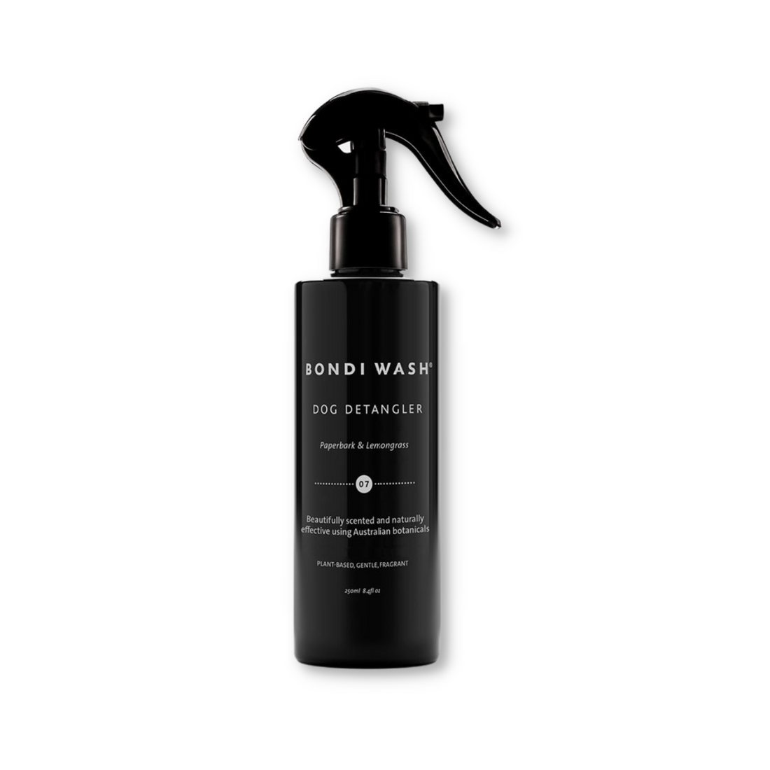 Bondi Wash dog detangler spray bottle with a happy dog, showing the natural ingredients and product label.