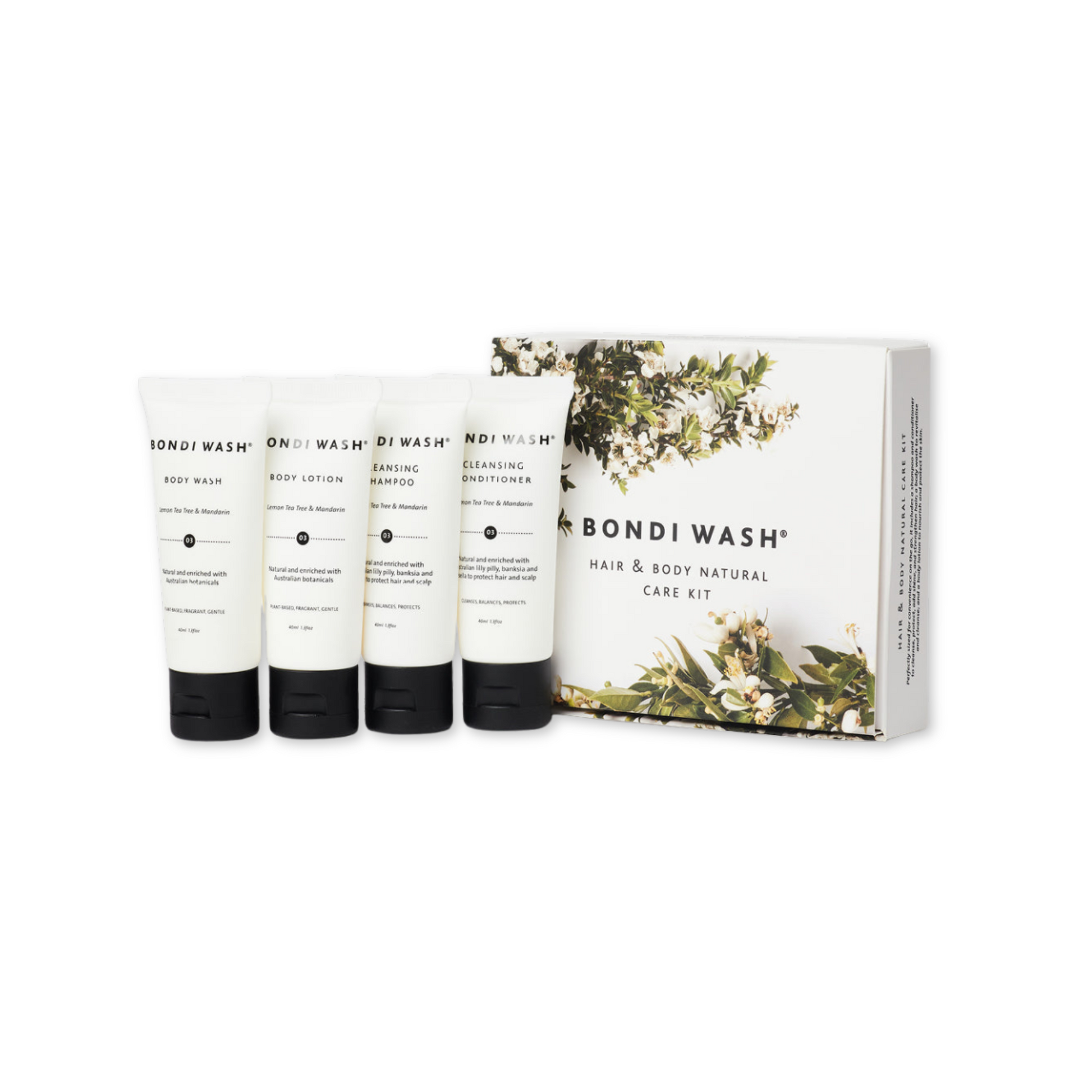 Bondi Wash Hair & Body Natural Care Kit with body wash bottles, featuring natural ingredients and minimalist packaging.