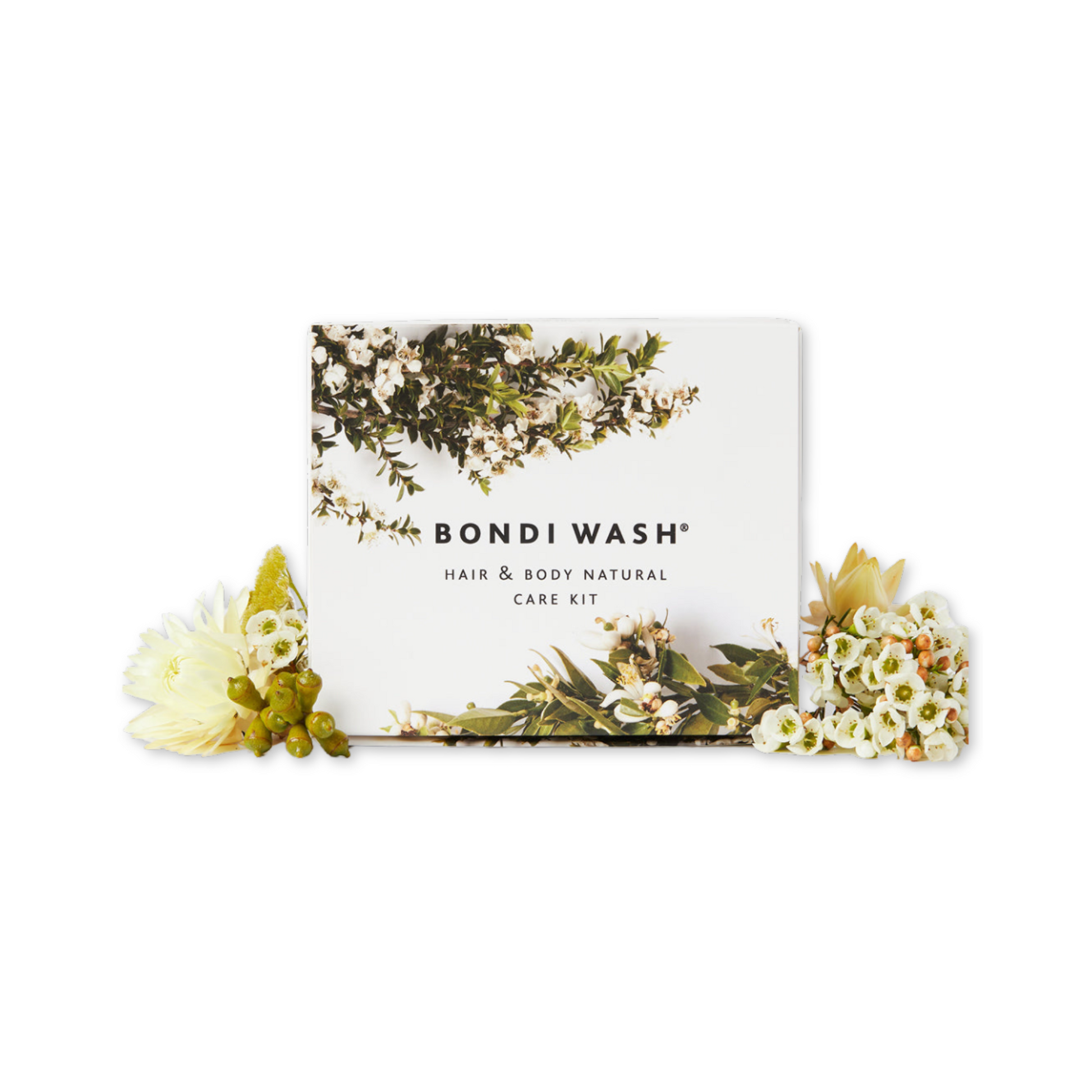 Bondi Wash Hair & Body Natural Care Kit with bottle of body wash and hair care products in a natural setting.