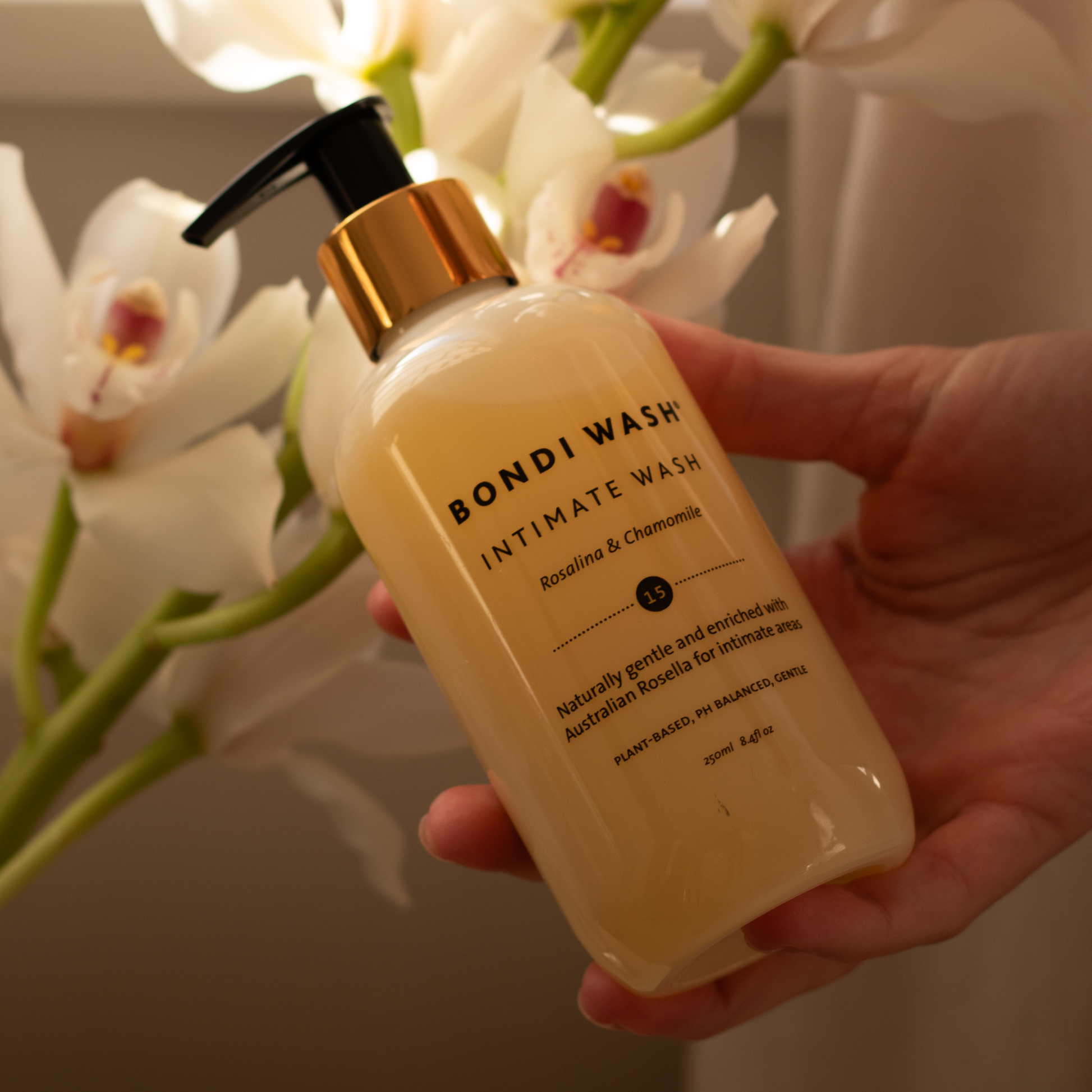 Bondi Wash Intimate Wash in 250ml bottle, gentle cleanser for intimate skin, natural ingredients, lightweight and soothing.