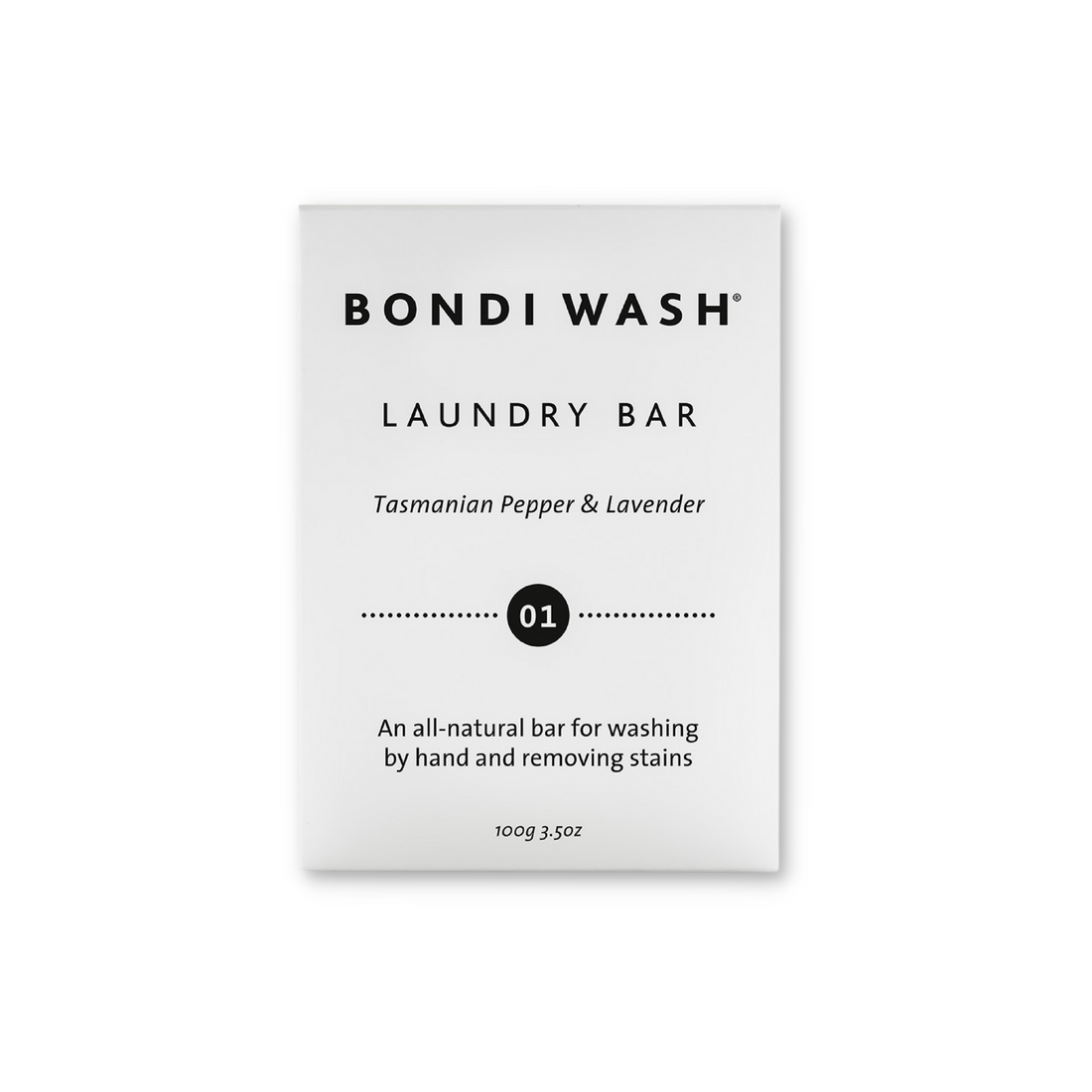 Bondi Wash Laundry Bar soap in 100g package, natural laundry soap bar with eco-friendly ingredients and clean, fresh appearance.