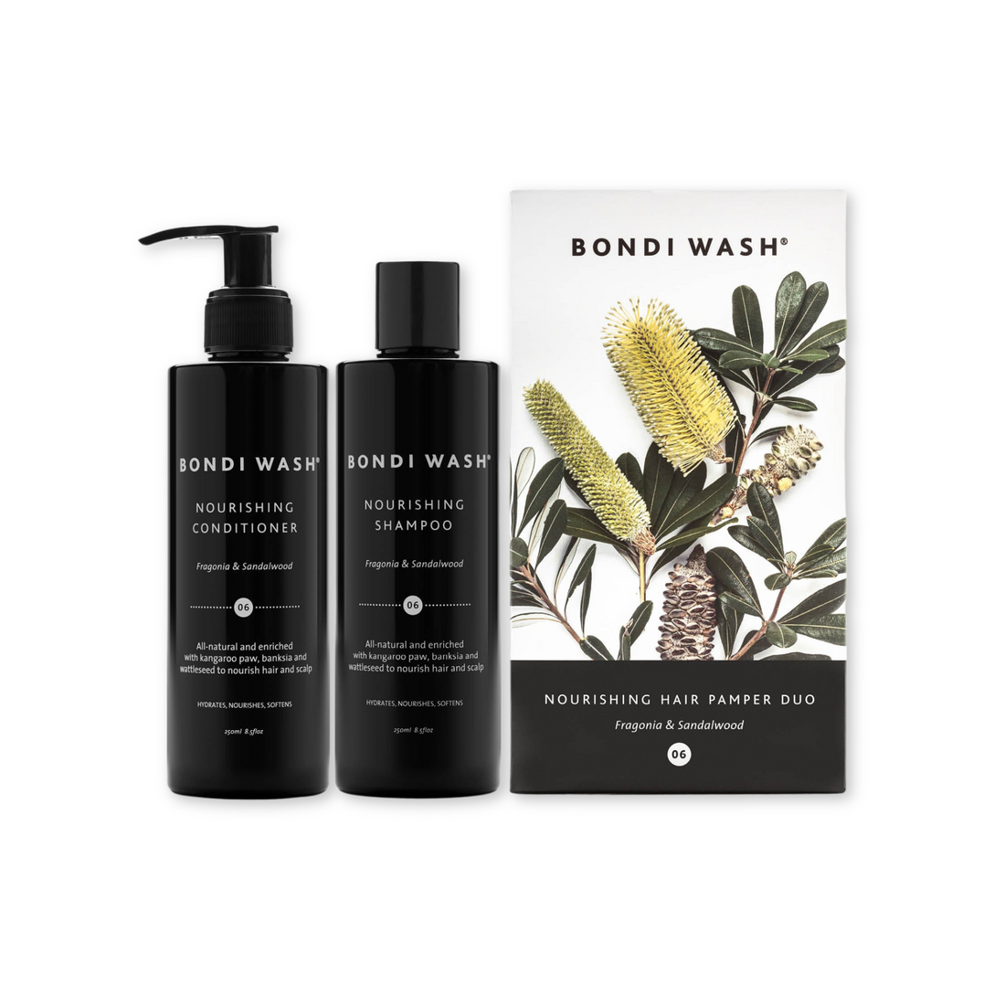 Bondi Wash nourishing shampoo and hair pamper duo bottles, natural ingredients, sleek packaging, ideal for hair care.
