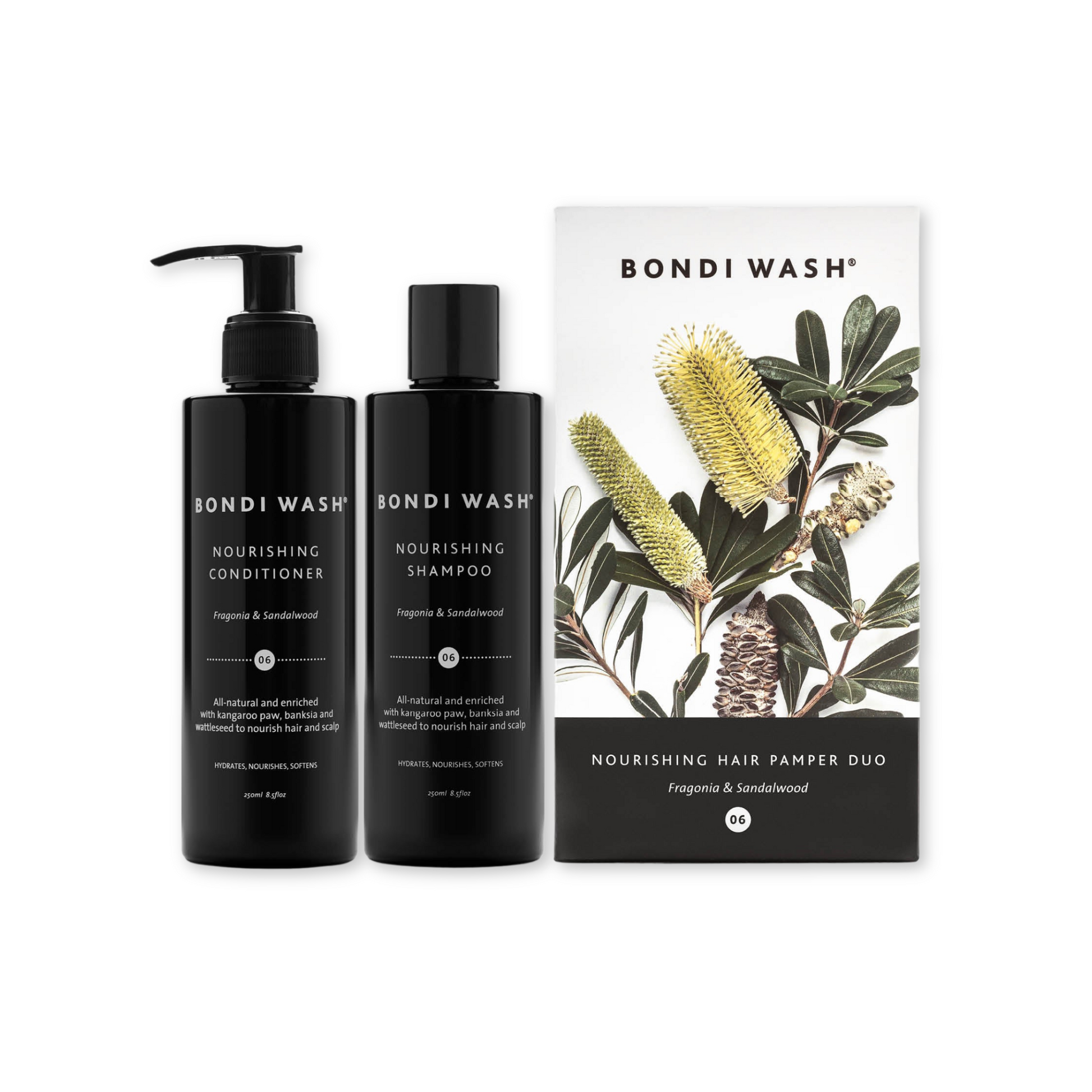 Bondi Wash nourishing shampoo and hair pamper duo bottles, natural ingredients, sleek packaging, ideal for hair care.