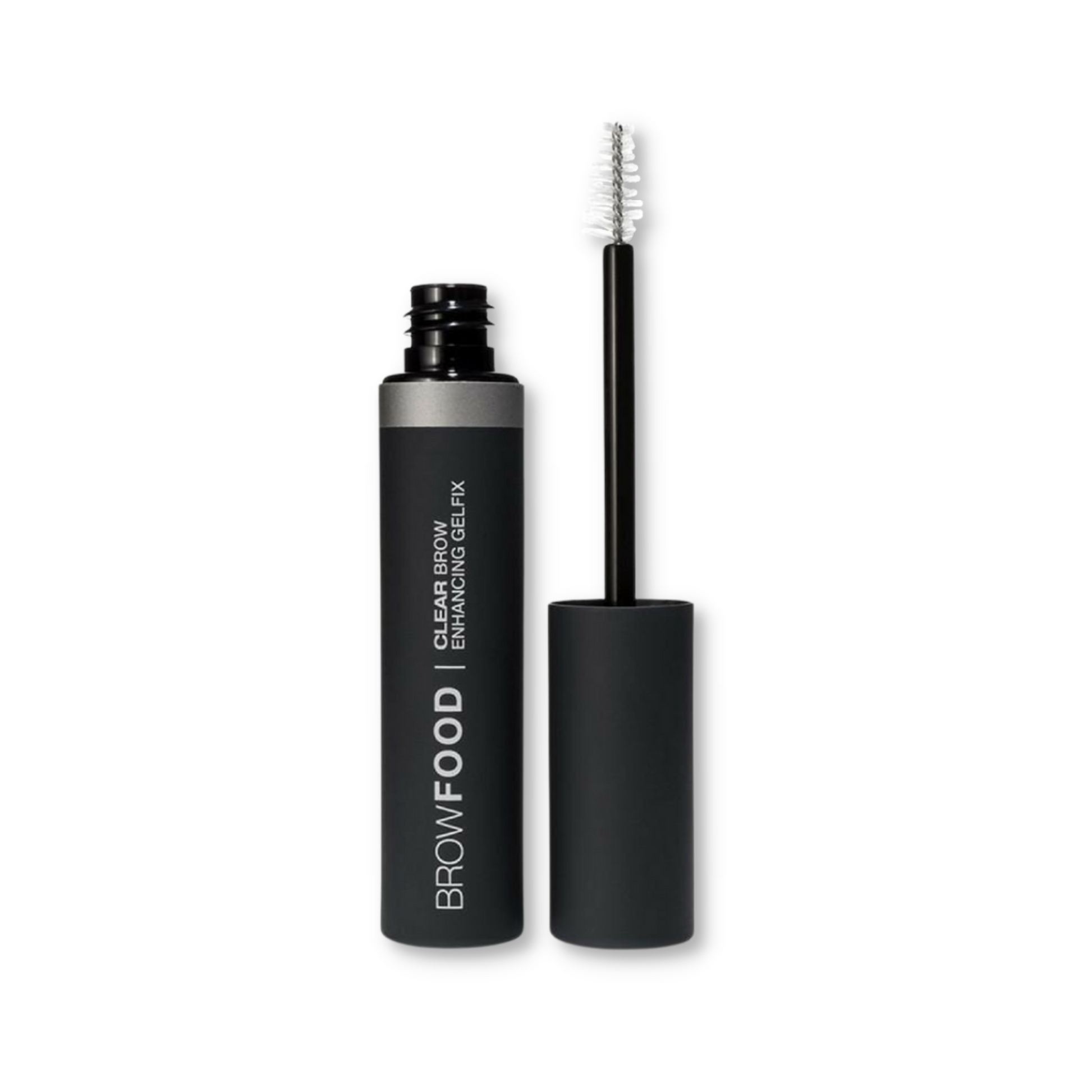 JB Cosmetics Browfood Clear Brow Enhancing Gelfix applied to well-groomed eyebrows with clear gel and brush applicator.