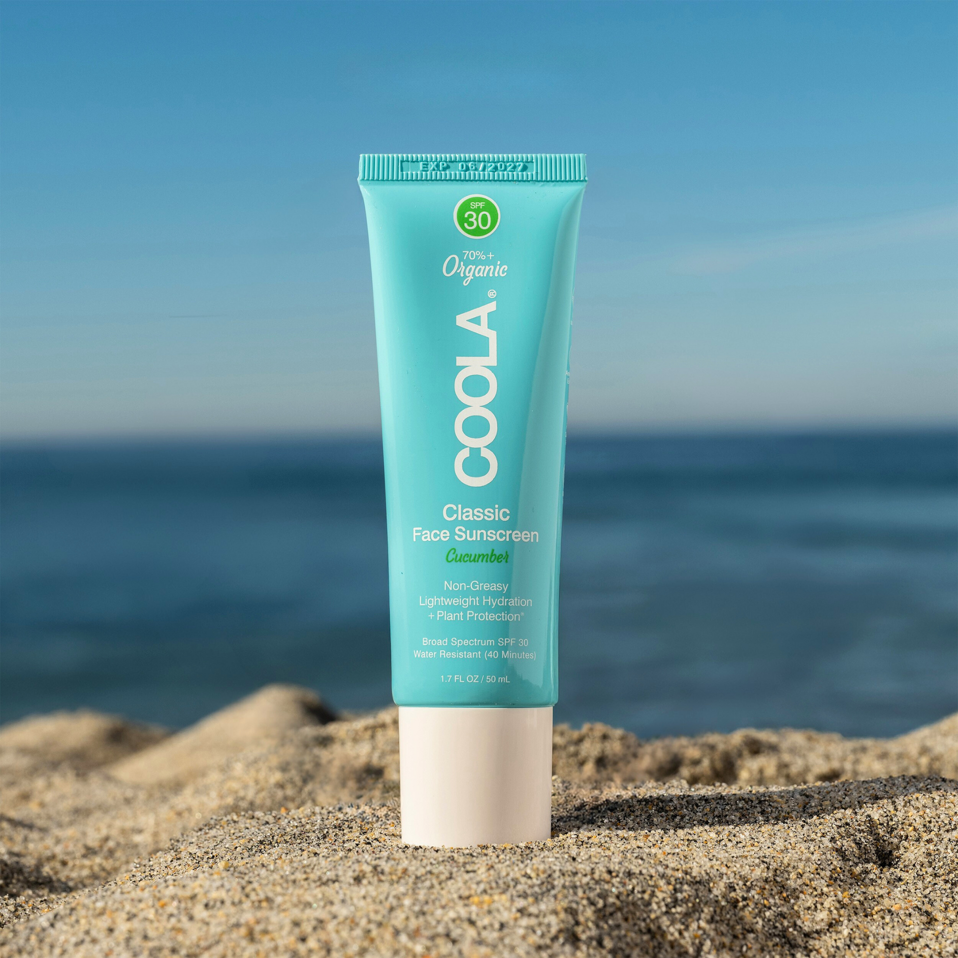 Coola Classic Face Organic Sunscreen Lotion SPF30 with cucumber extract, featuring a tube with SPF sun protection for the face.