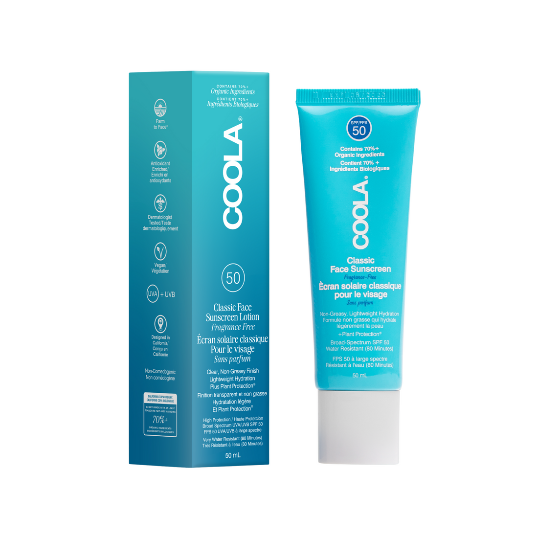 Coola Classic Face Organic Sunscreen Lotion SPF50, fragrance-free, in a white tube with a blue cap, designed for facial skin protection.