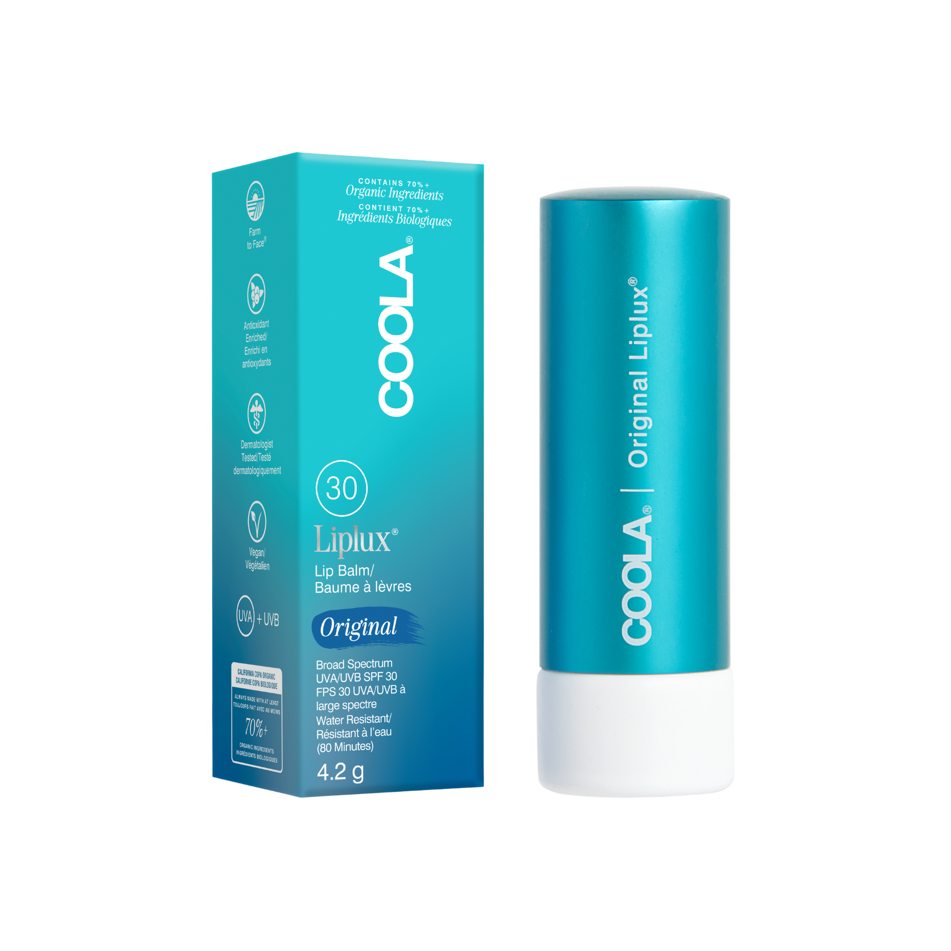 Coola Classic Liplux Organic Lip Balm Sunscreen SPF30 in original formula, featuring nourishing ingredients and sun protection.