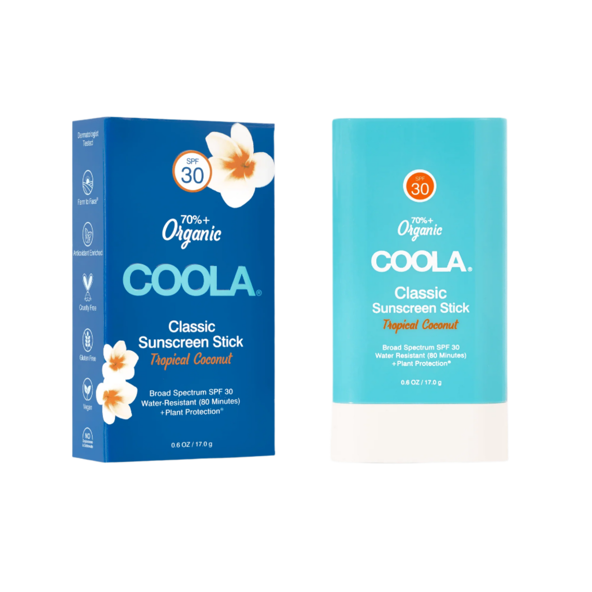 Coola Classic Organic Sunscreen Stick SPF30 with tropical coconut scent, in a sleek white container, ready for skin protection.