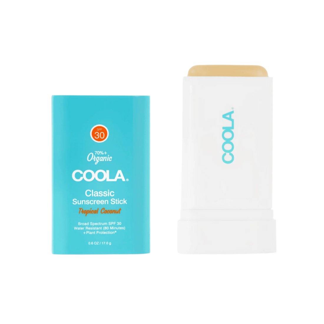 Coola Classic Organic Sunscreen Stick SPF30 with tropical coconut scent, in a sleek white container, ready for skin protection.