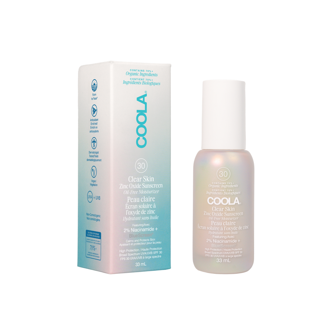 Coola Clear Skin Zinc Oxide Sunscreen SPF 30 in sleek skincare serum bottle, designed for lightweight sun protection.