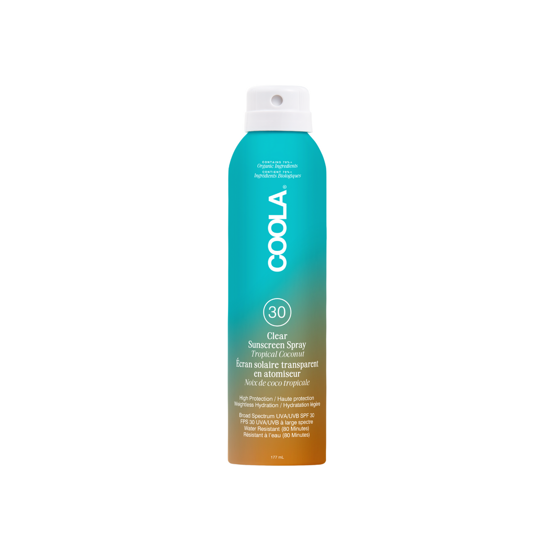 Coola Clear Sunscreen Spray SPF30 with tropical coconut scent in a transparent spray bottle.