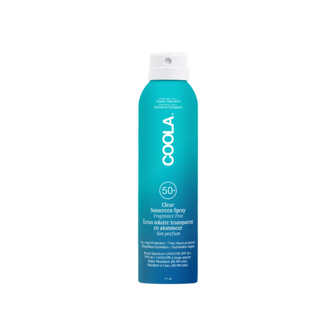 Coola Clear Sunscreen Spray SPF50 from Coola Suncare, fragrance-free, with transparent liquid visible in the spray bottle.