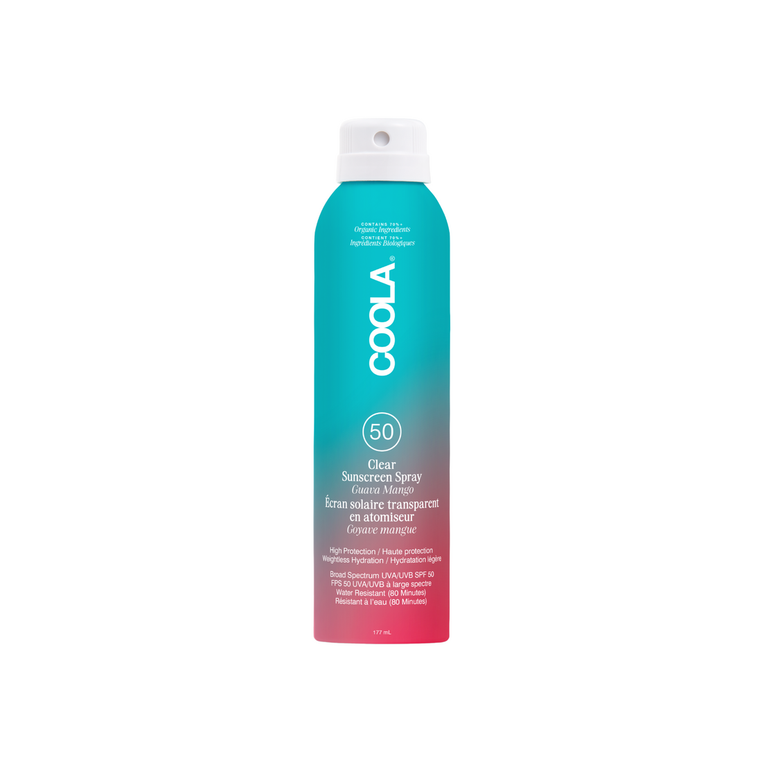 Coola Clear Sunscreen Spray SPF50 with Guava Mango scent, lightweight sun protection in an easy-to-apply spray bottle.