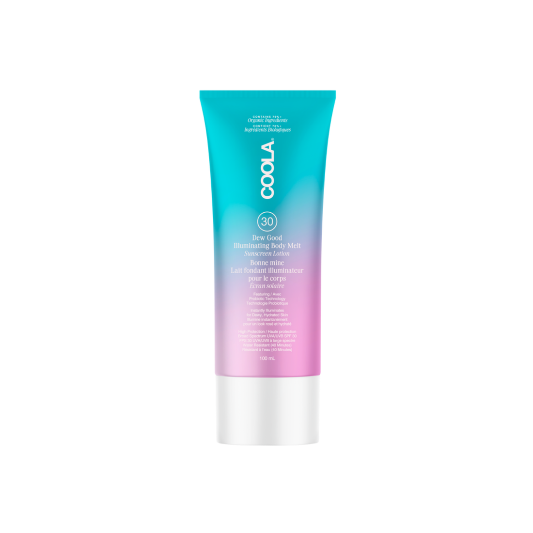 Coola Dew Good Illuminating Body Melt Lotion SPF30, a skincare serum with a smooth, hydrating texture and luminous finish.