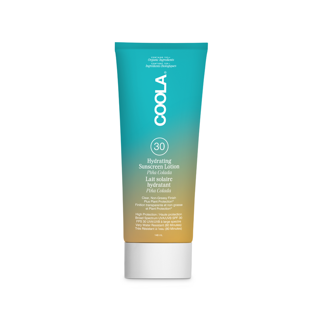 Coola Hydrating Sunscreen Lotion SPF30 with Pina Colada scent, featuring a white bottle and clear labeling, on a white background.
