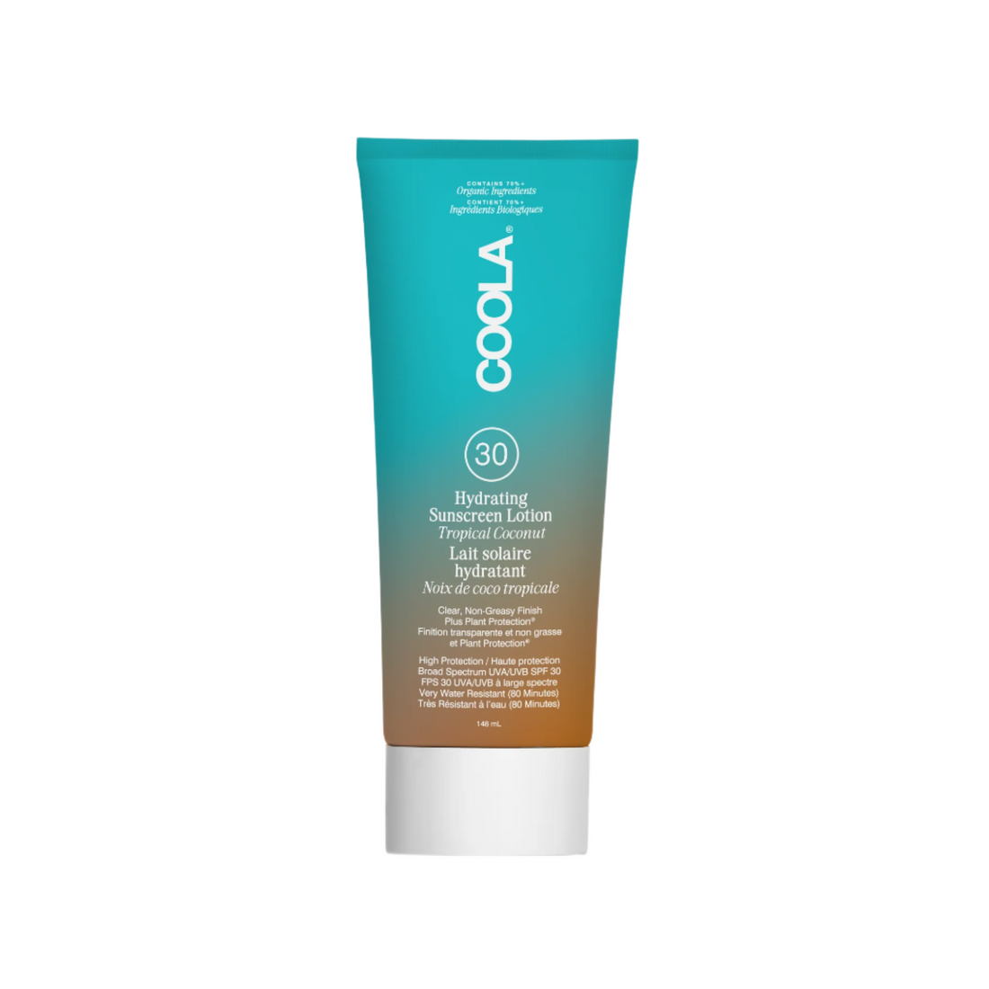 Coola Hydrating Sunscreen Lotion SPF30 with tropical coconut scent, showing the tube with tropical-themed packaging.