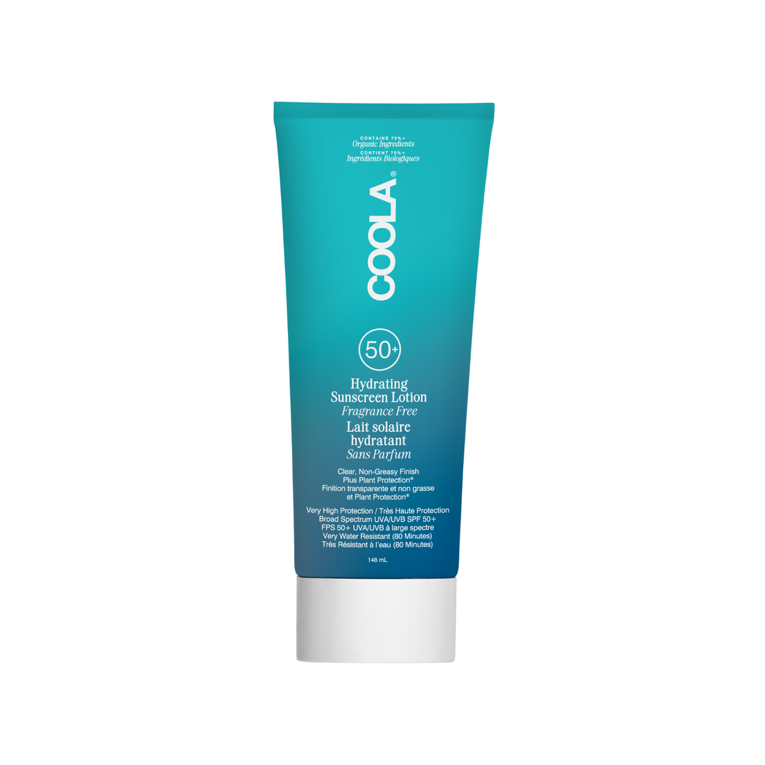 Coola Hydrating Sunscreen Lotion SPF50, fragrance-free, in a white bottle with a pump dispenser, designed for skin hydration and sun protection.