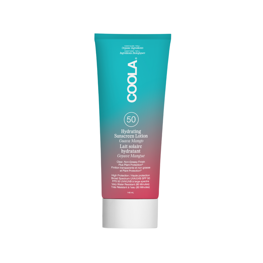 Coola Hydrating Sunscreen Lotion SPF50 with guava mango scent, shown in a sleek tube, designed for sun protection and skin hydration.